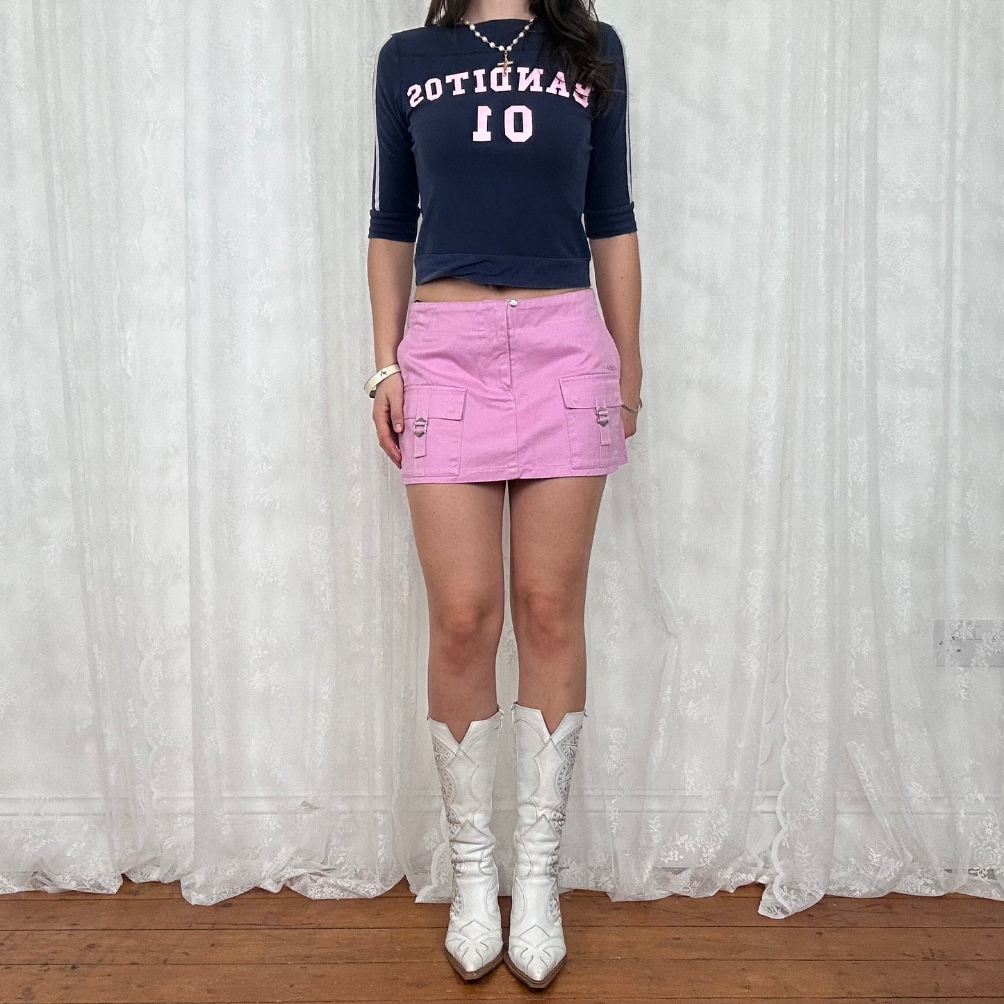 vintage 00s navy and pink crop sleeve sporty top