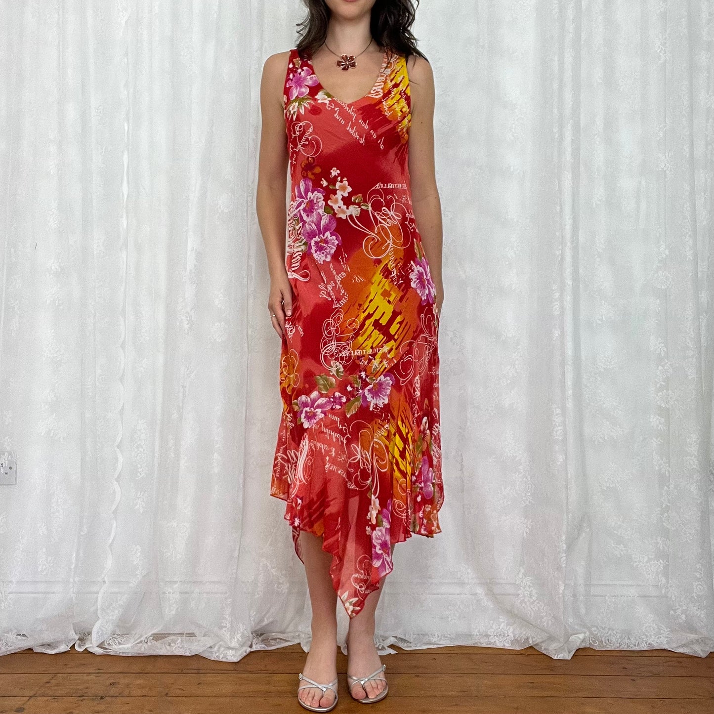 vintage 00s orange floral midi dress