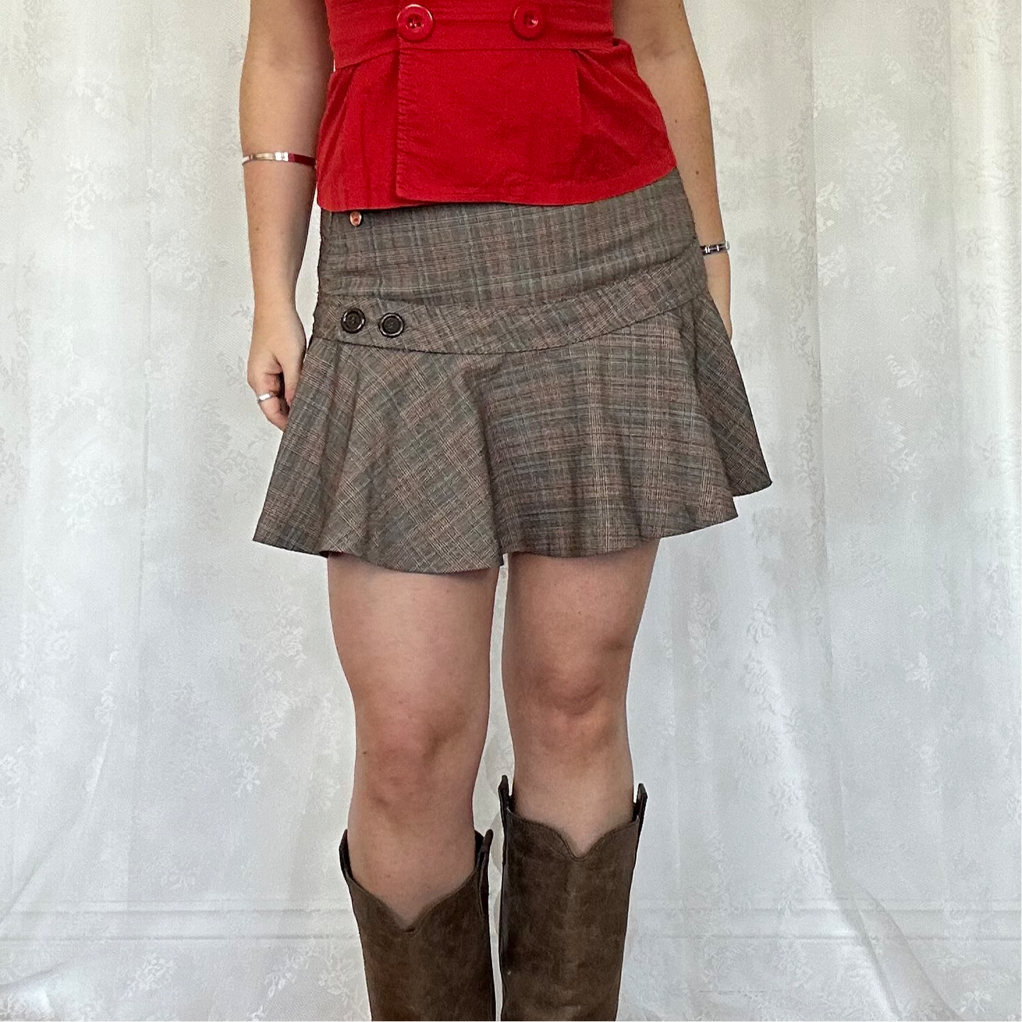vintage 00s brown button plaid checkered mini skirt