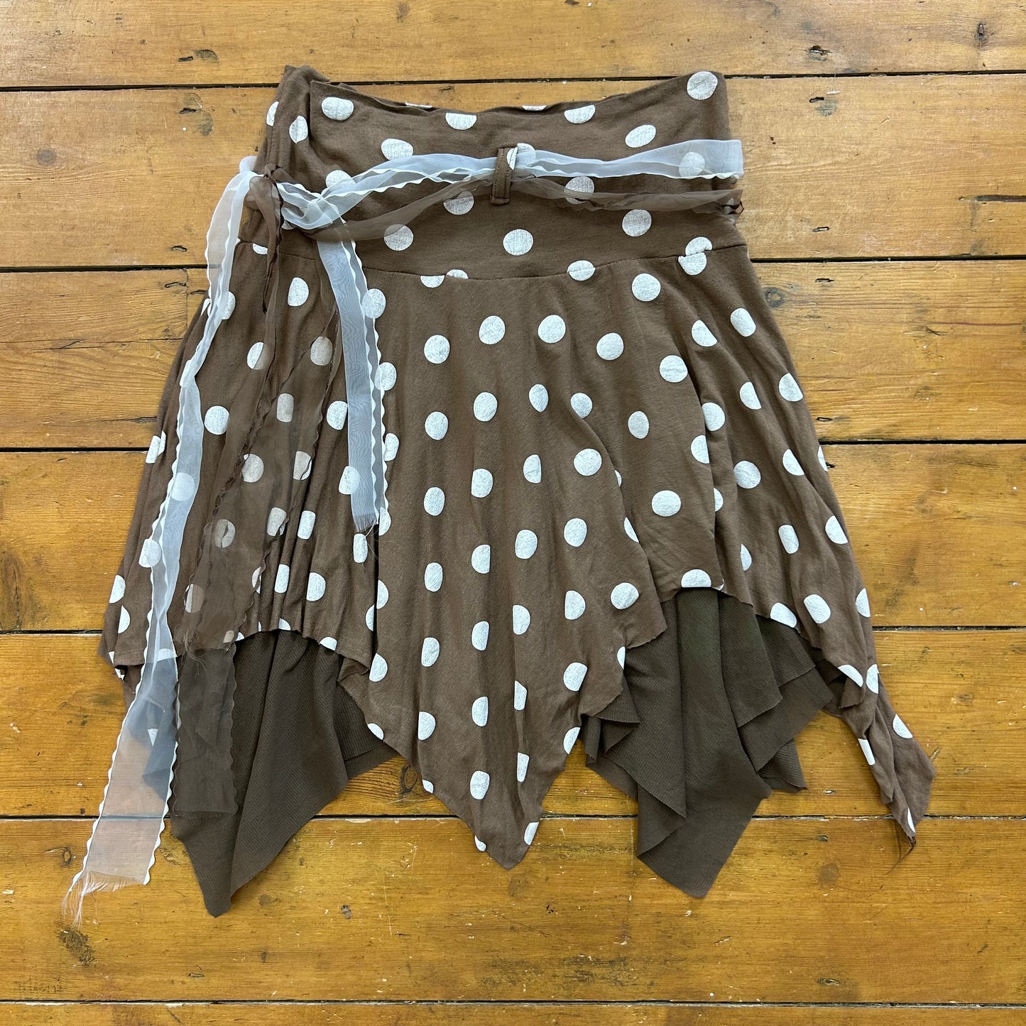vintage 00s brown polka dot midi skirt with asymmetrical hem