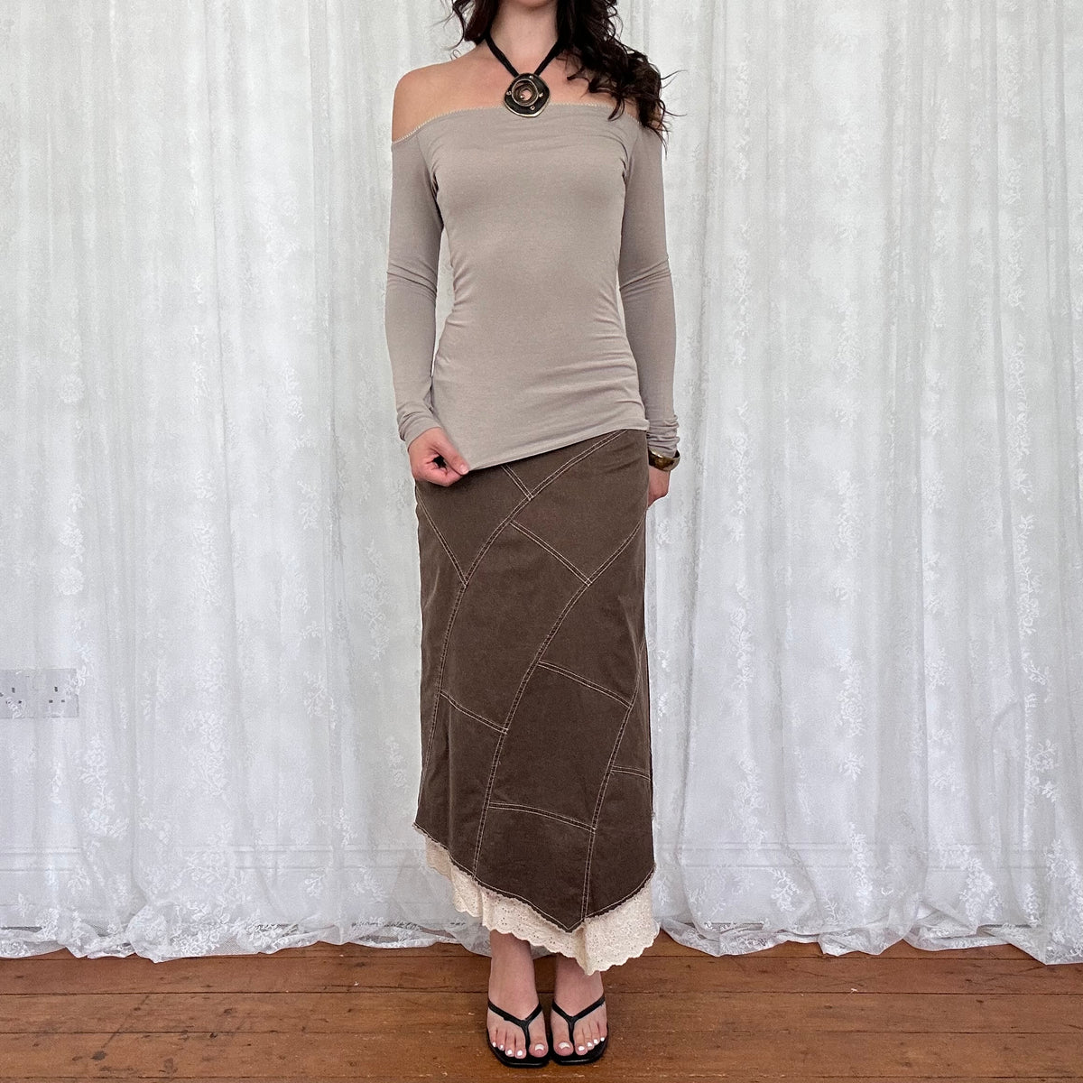 vintage 00s brown long sleeve off shoulder top
