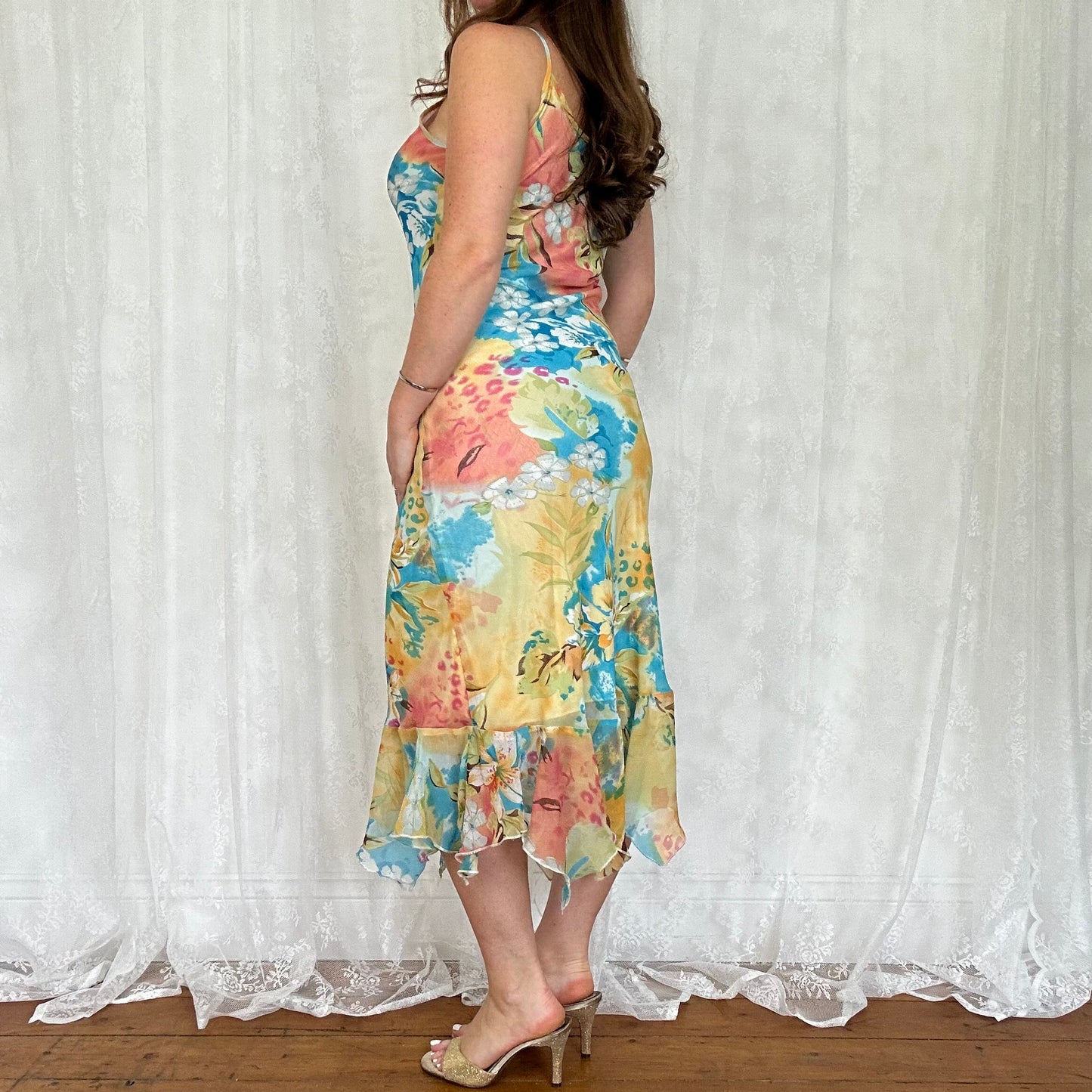 vintage 00s floral mesh midi dress
