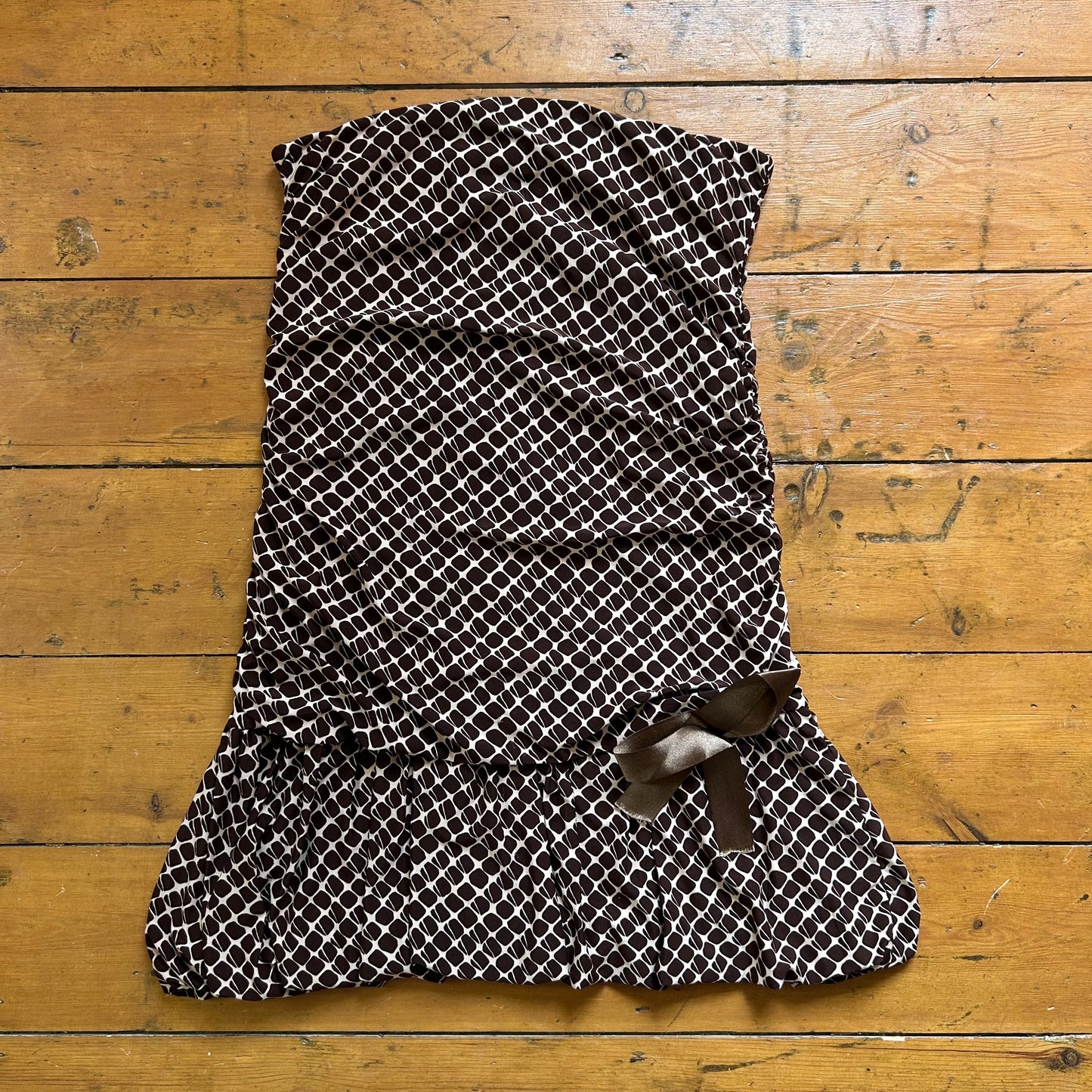 vintage 00s brown patterned puff hem mini dress