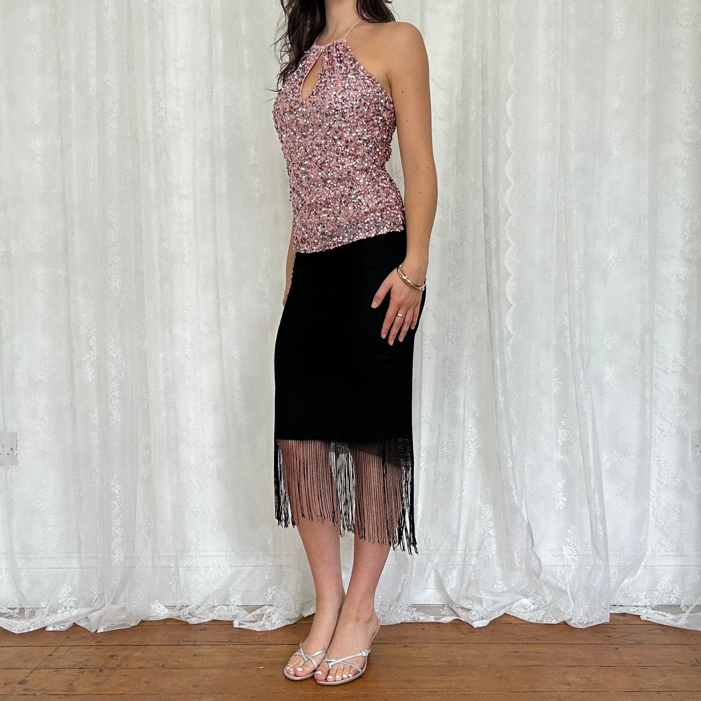 vintage 00s pink sequin halter top