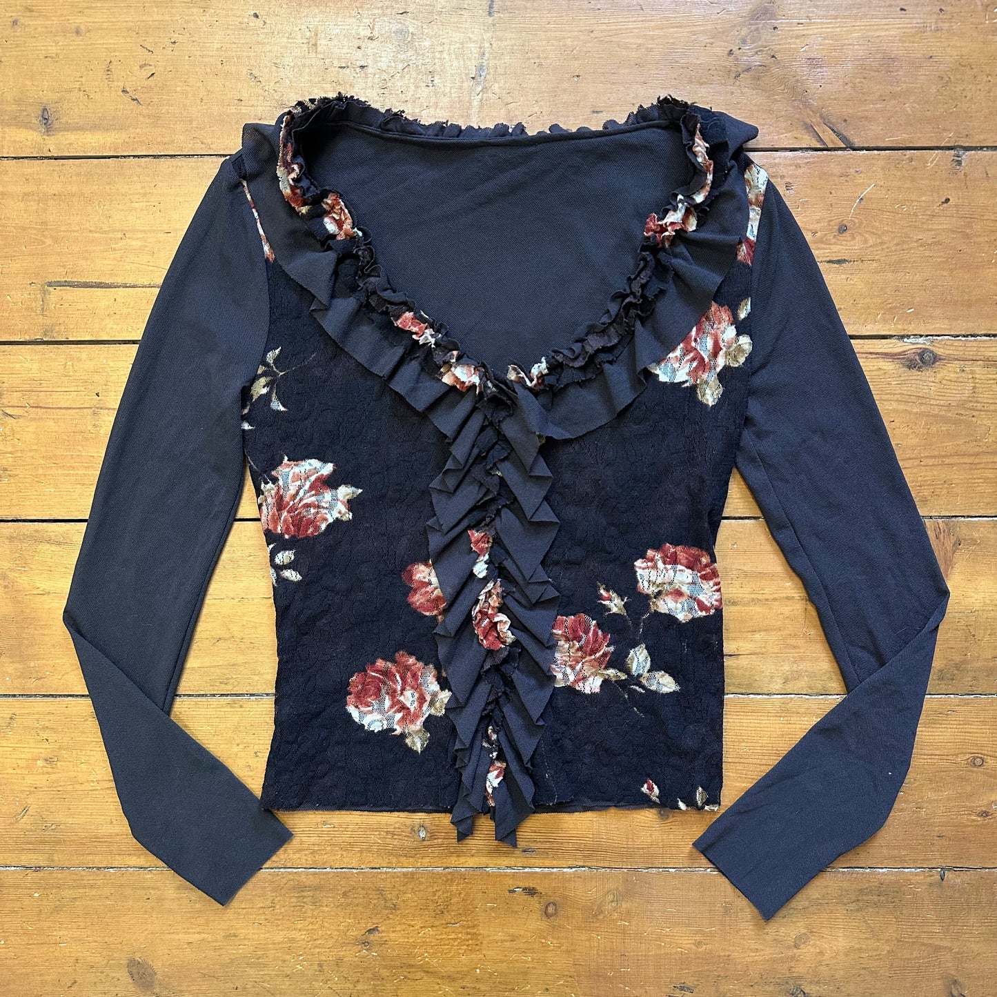 vintage 00s brown and orange floral lace top with ruffle
