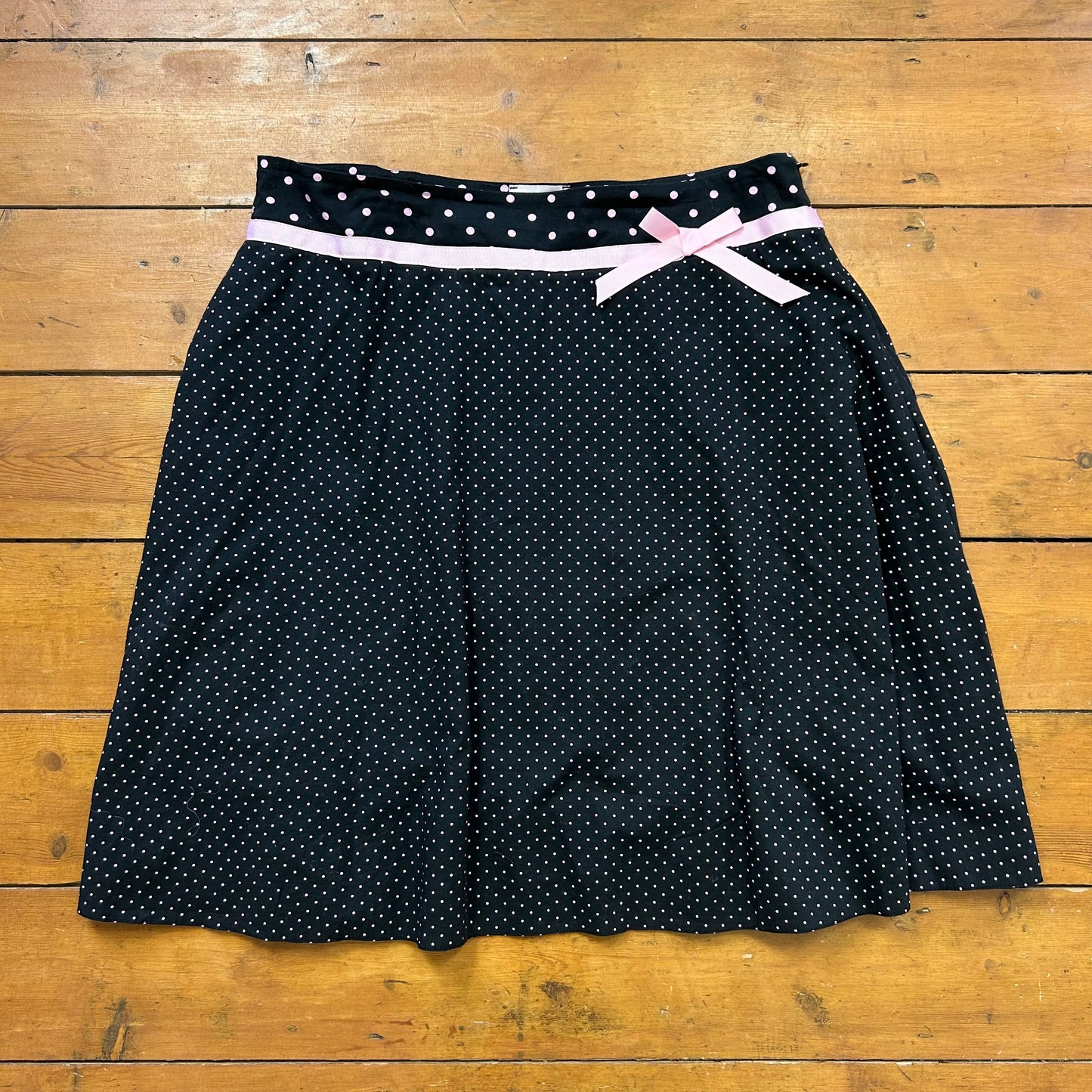 vintage 00s black and pink polka dot midi skirt