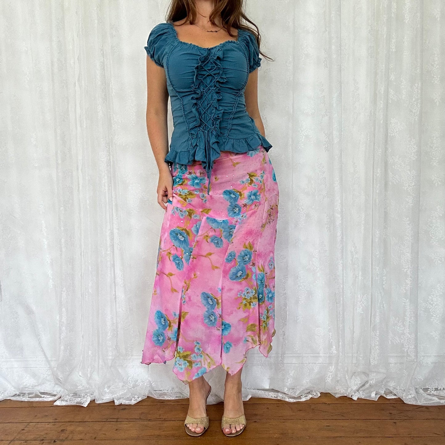 vintage 00s pink floral sequin mesh midi skirt
