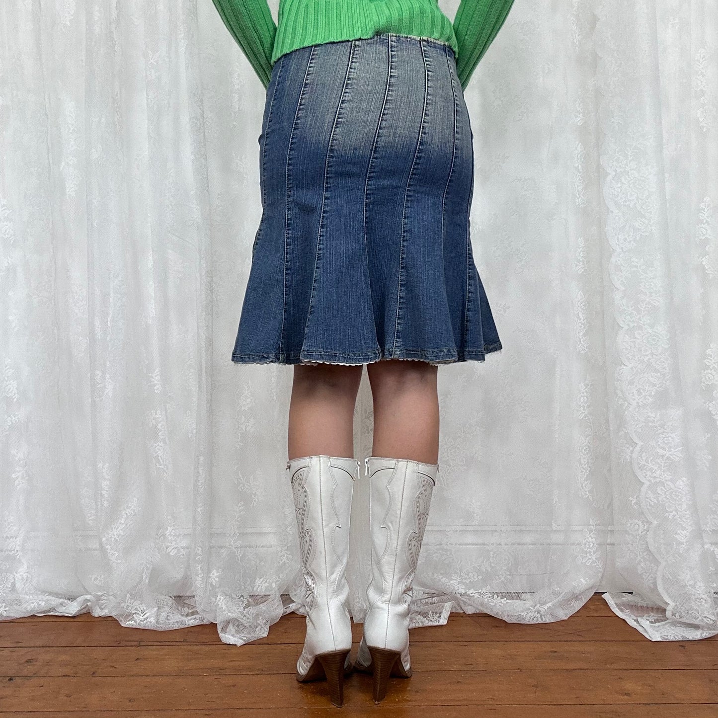 vintage 00s denim panel midi skirt with broderie trim