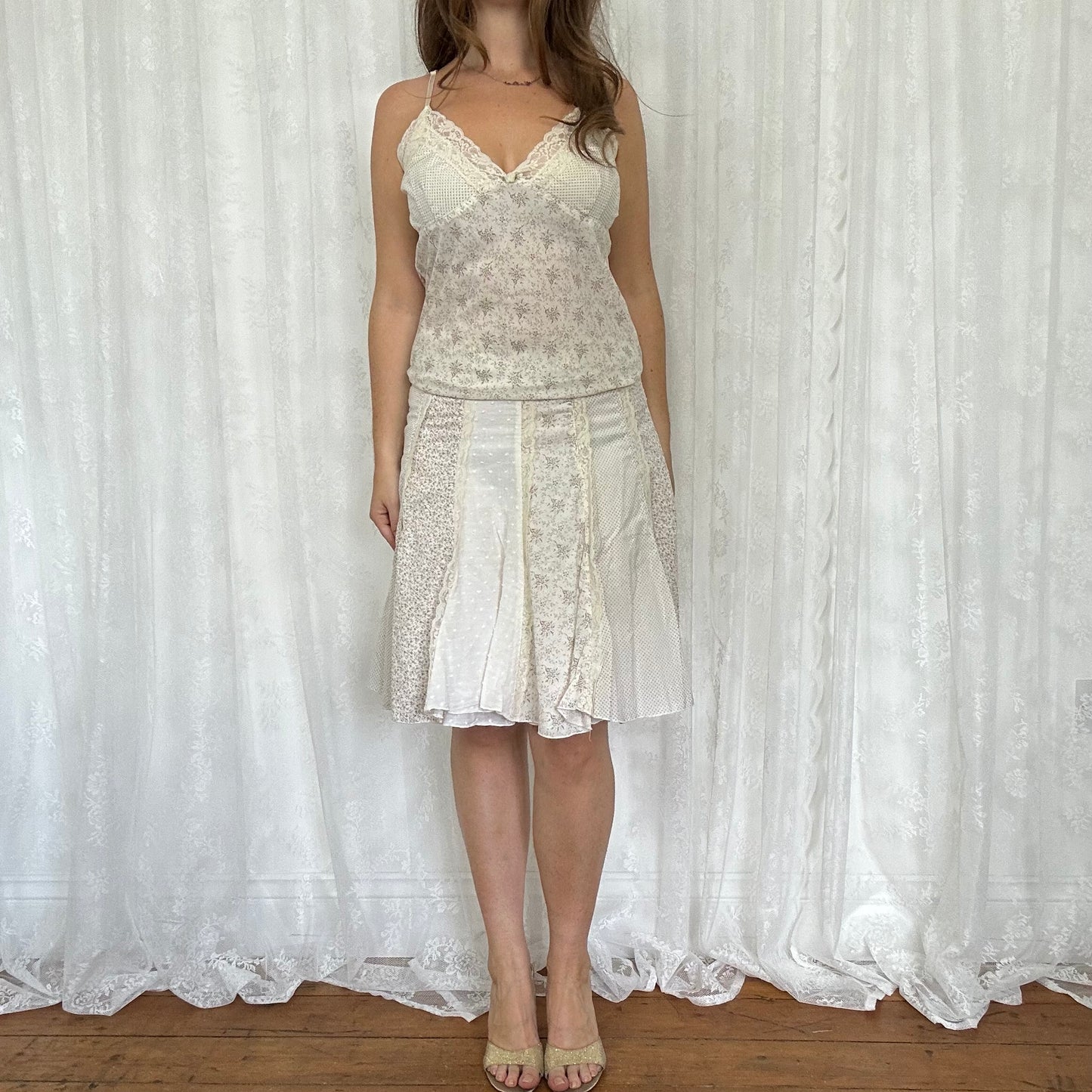 vintage 00s cream lace floral cami and skirt co ord