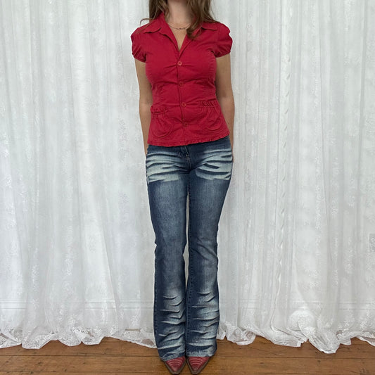 vintage 00s red short sleeve blazer style shirt