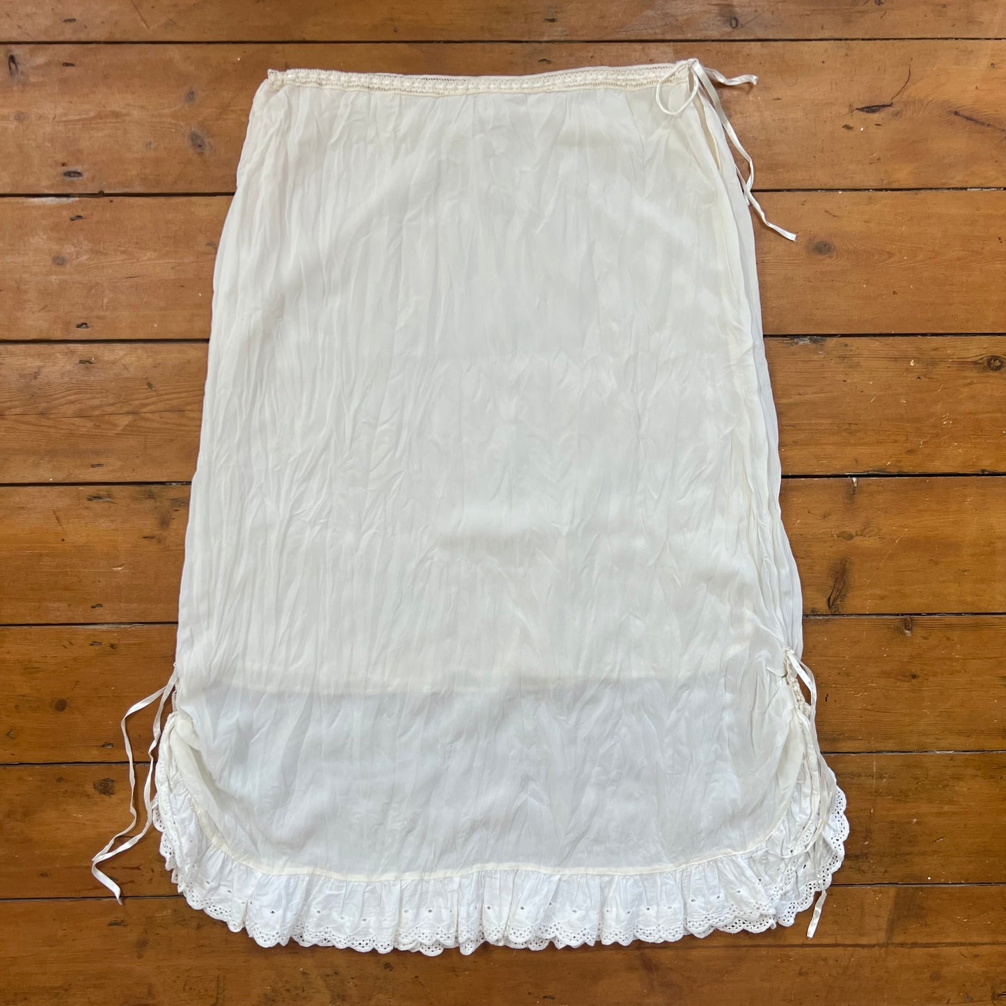 vintage 00s cream tie up maxi skirt with broderie trim