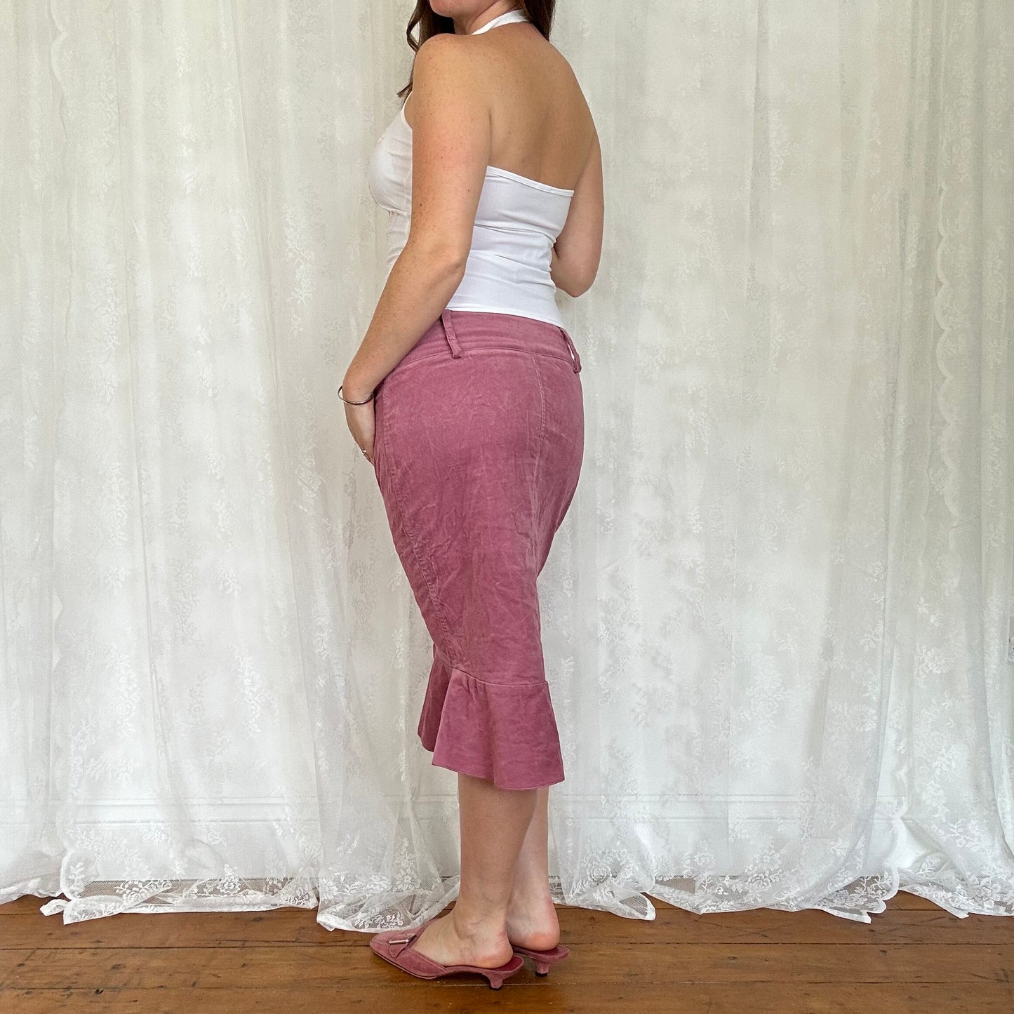 vintage 00s pink cord flower detail midi skirt