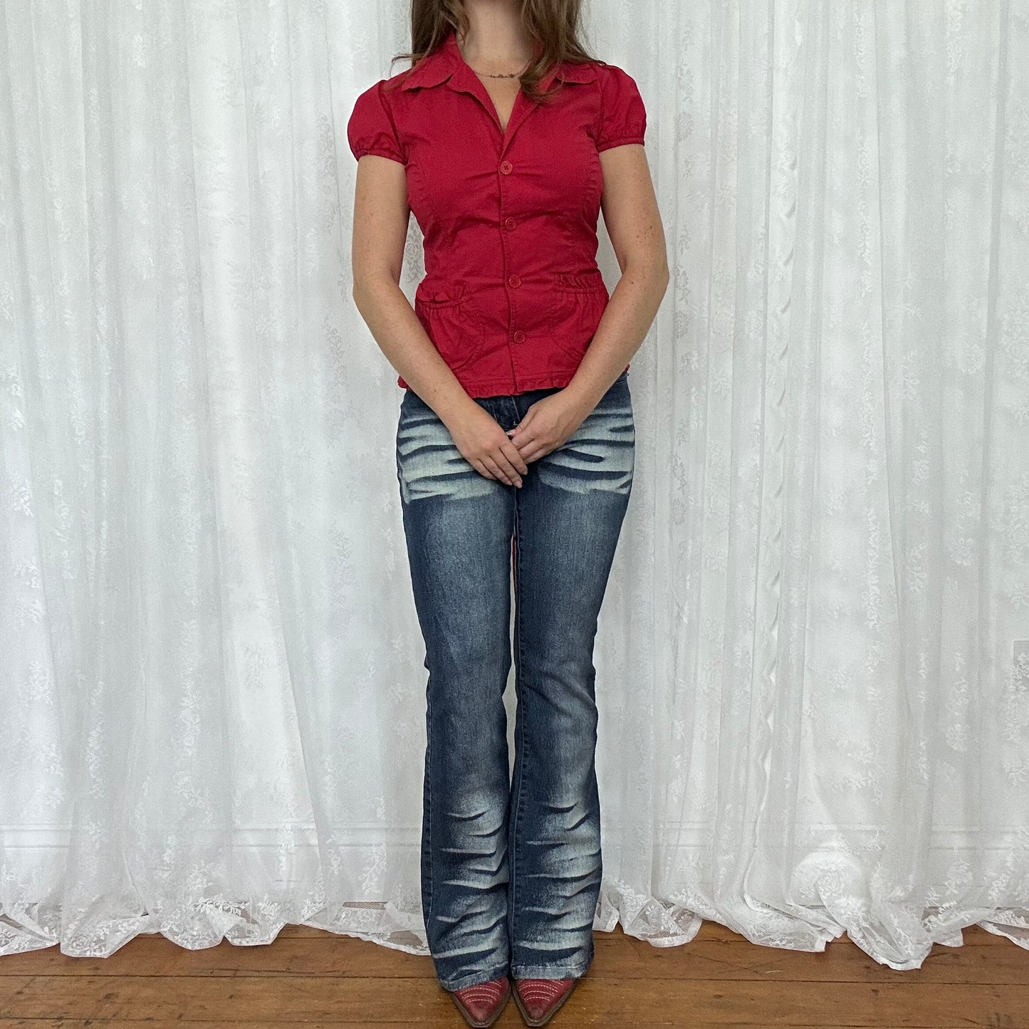 vintage 00s red short sleeve blazer style shirt