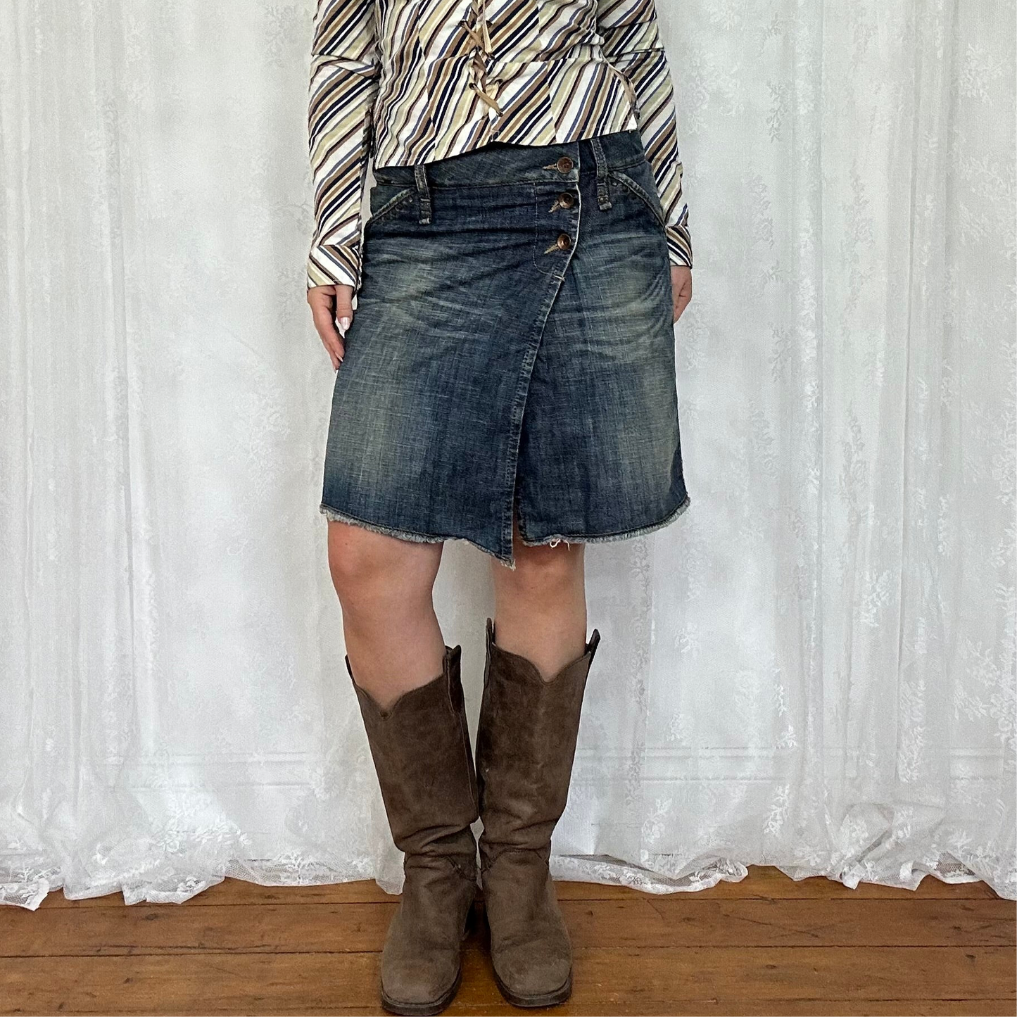 vintage 00s side buttons denim midi skirt