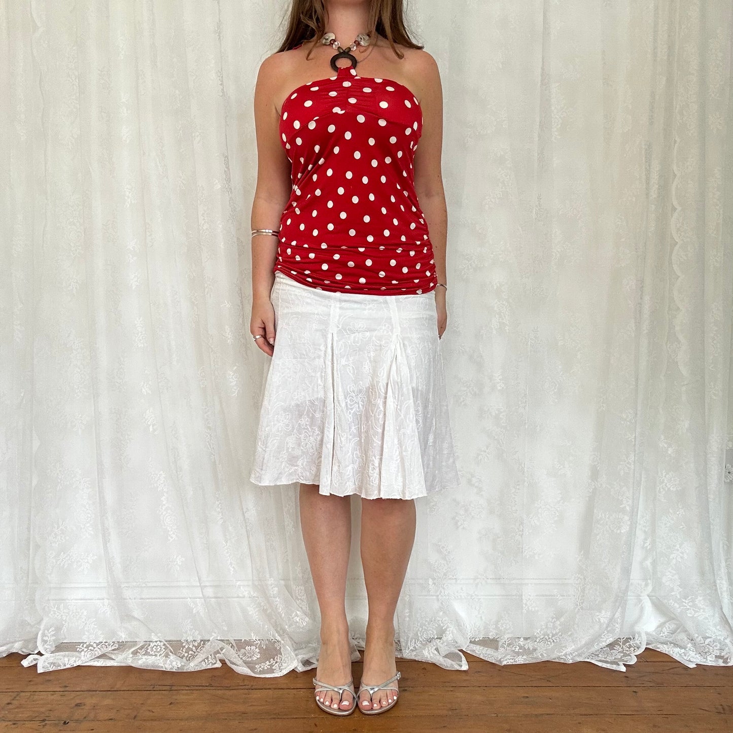 vintage 00s red polka dot halterneck top with beaded o ring details