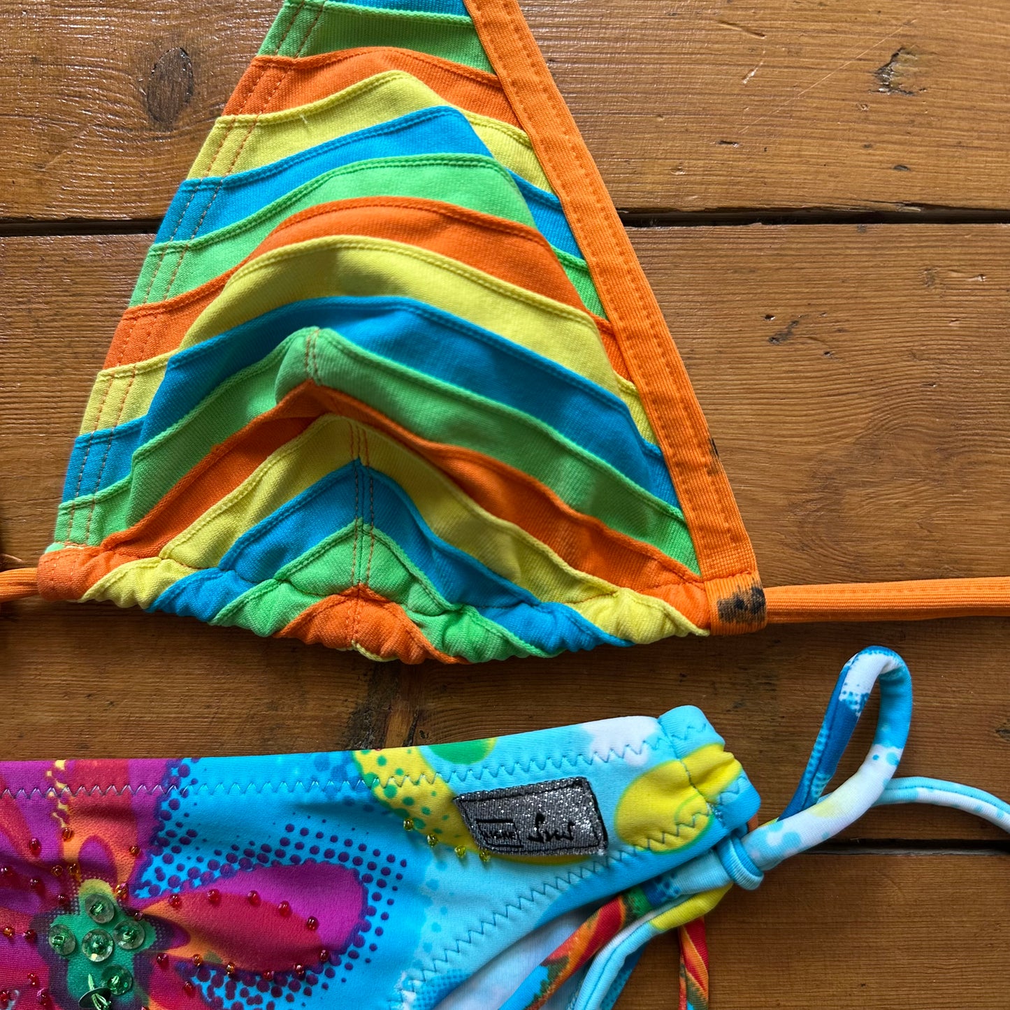 vintage 00s striped bikini top and beaded floral bottoms