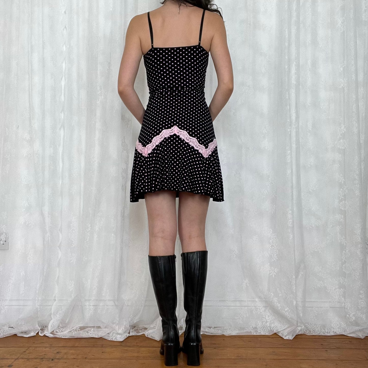 vintage 00s black and baby pink polka dot mini dress