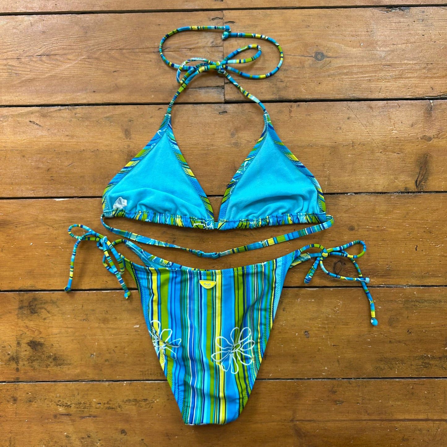 vintage 00s blue stripey floral bikini set
