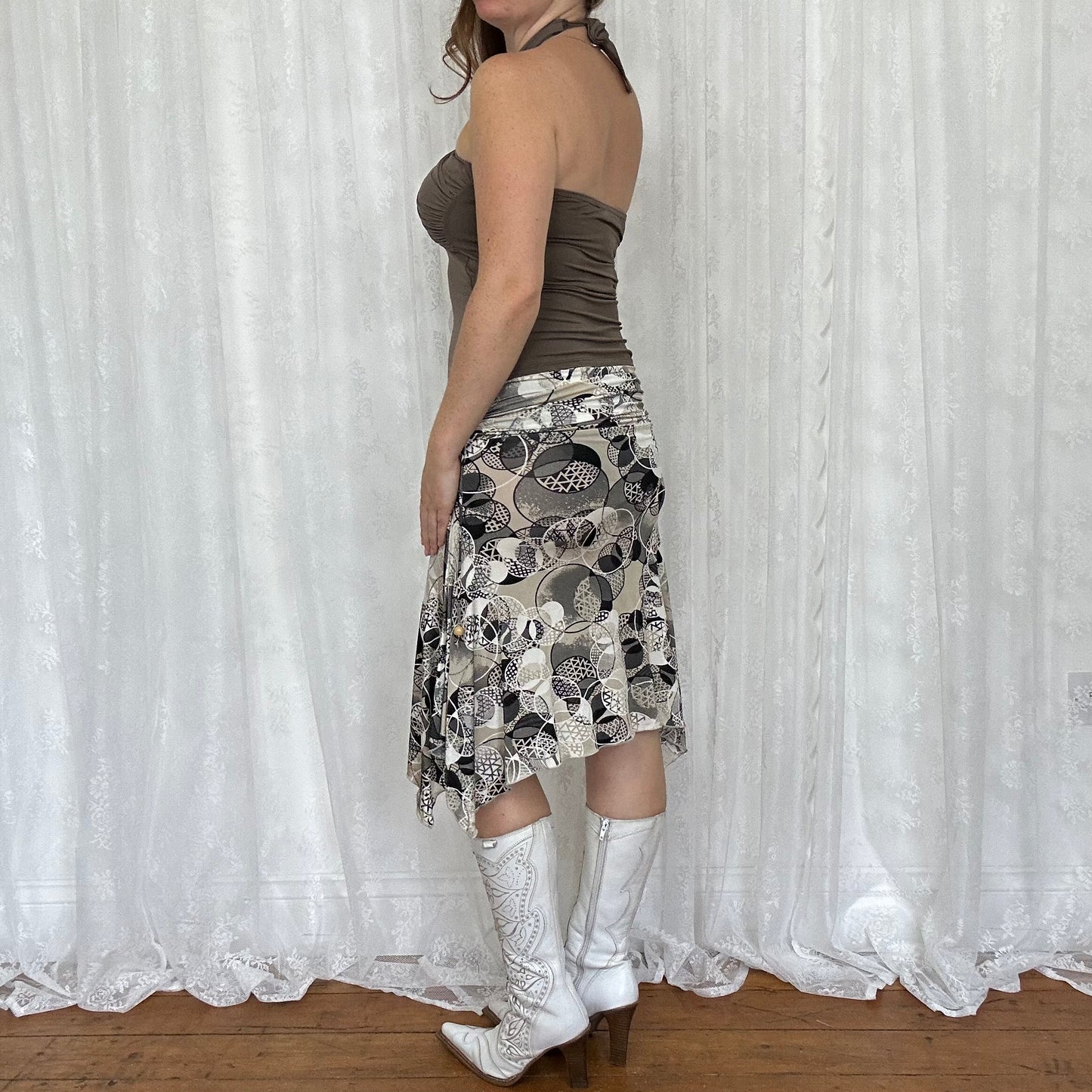 vintage 00s black and beige patterned midi skirt
