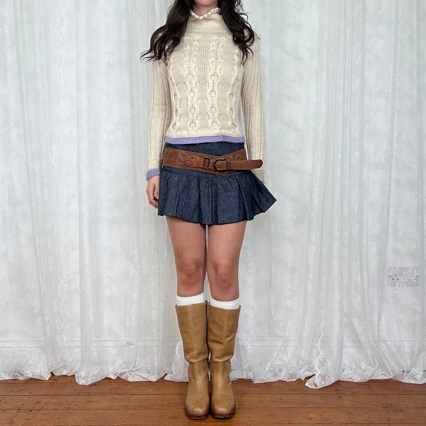 vintage 00s cream roll neck knitted jumper with lilac trim