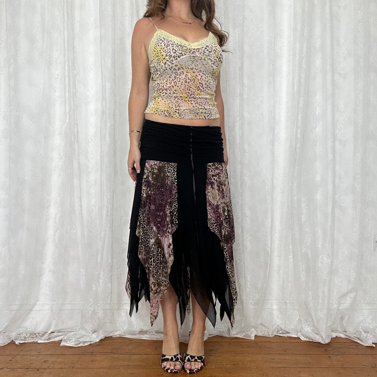 vintage 00s black animal print mesh fairy midi skirt