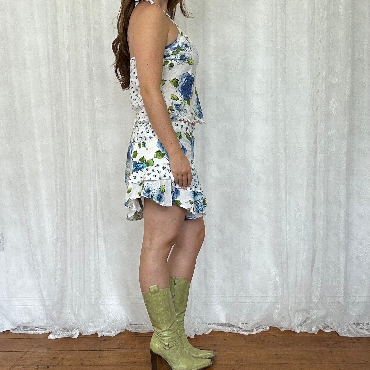 vintage 00s blue and white floral halter top and skirt co ord