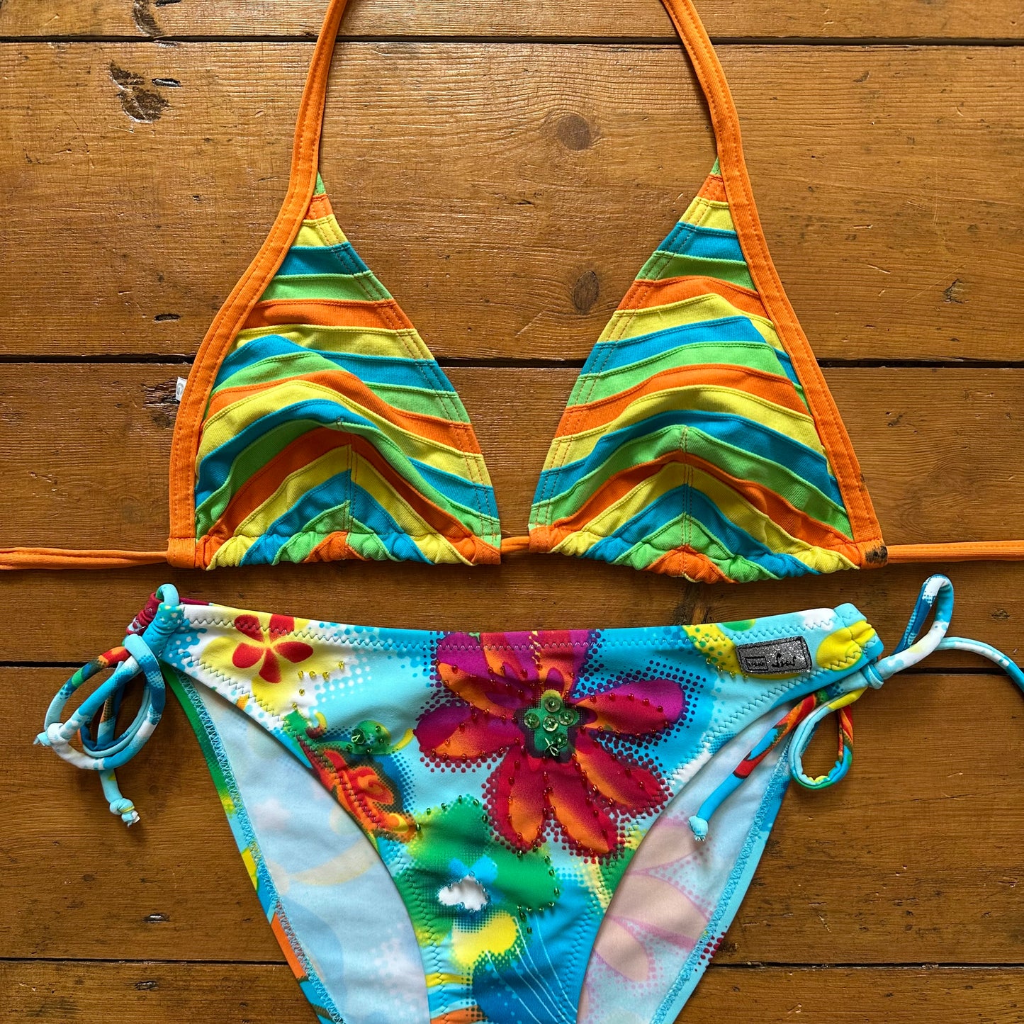 vintage 00s striped bikini top and beaded floral bottoms
