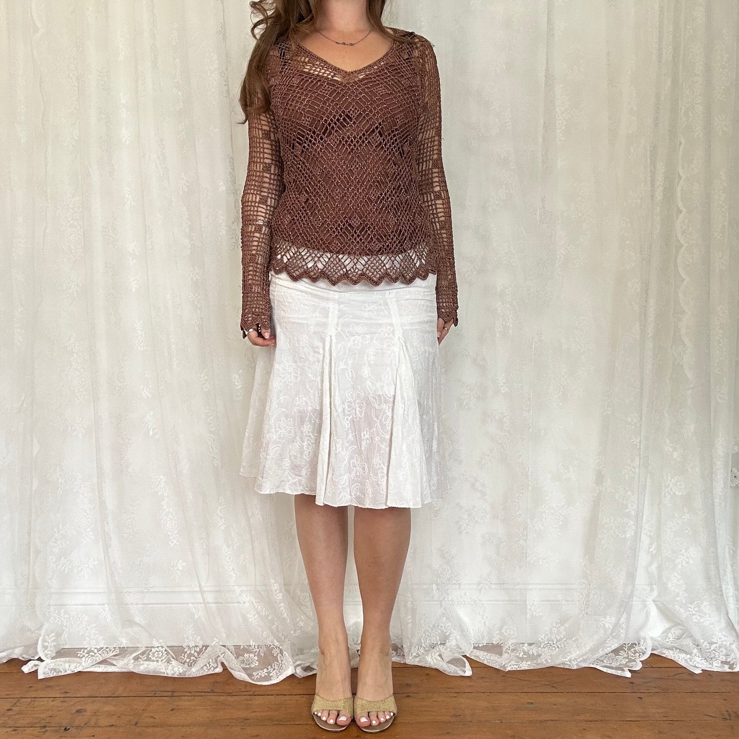 vintage 00s brown crochet long sleeve top with cami underlay