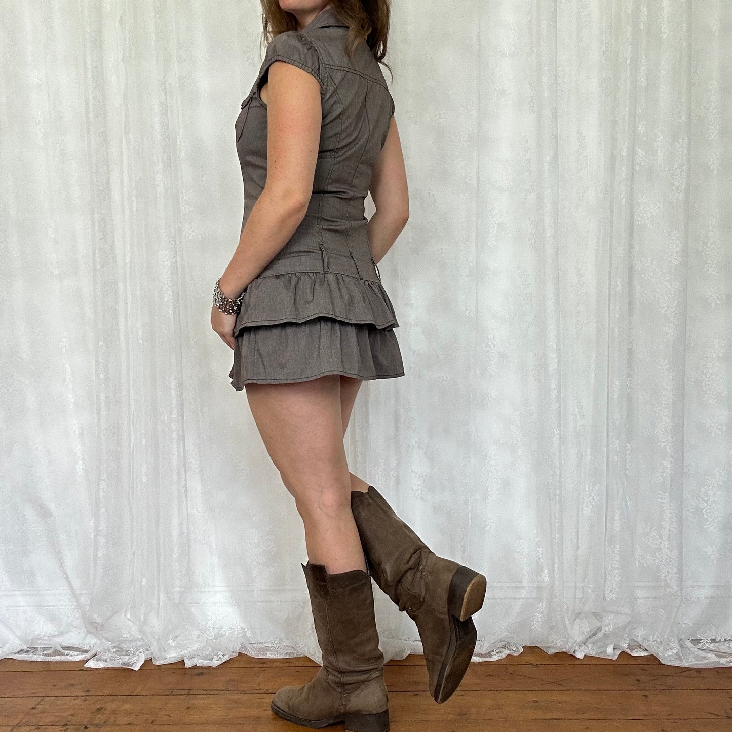 vintage 00s brown pinstripe button down mini dress