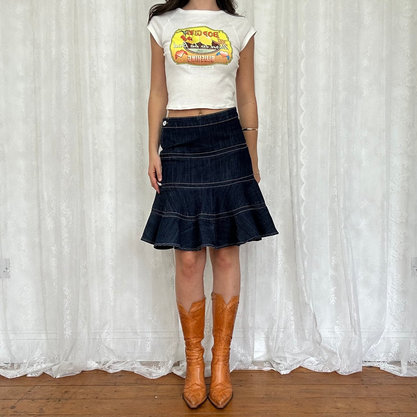 vintage 00s dark denim tiered midi skirt