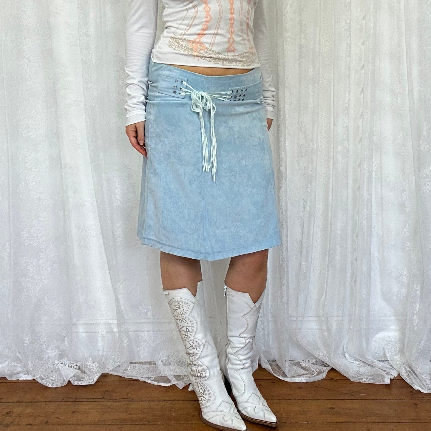 vintage 00s baby blue suede midi skirt