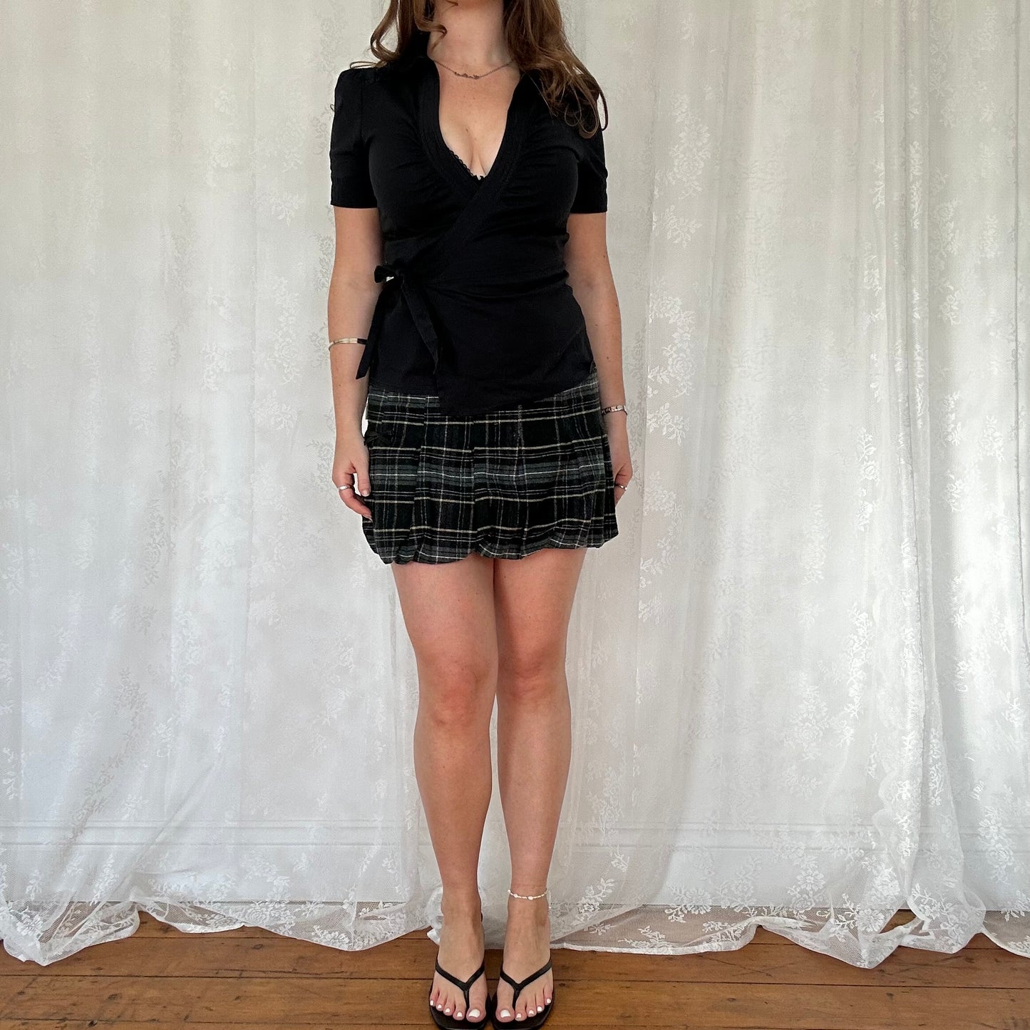 vintage 00s green and black wool plaid bubble skirt