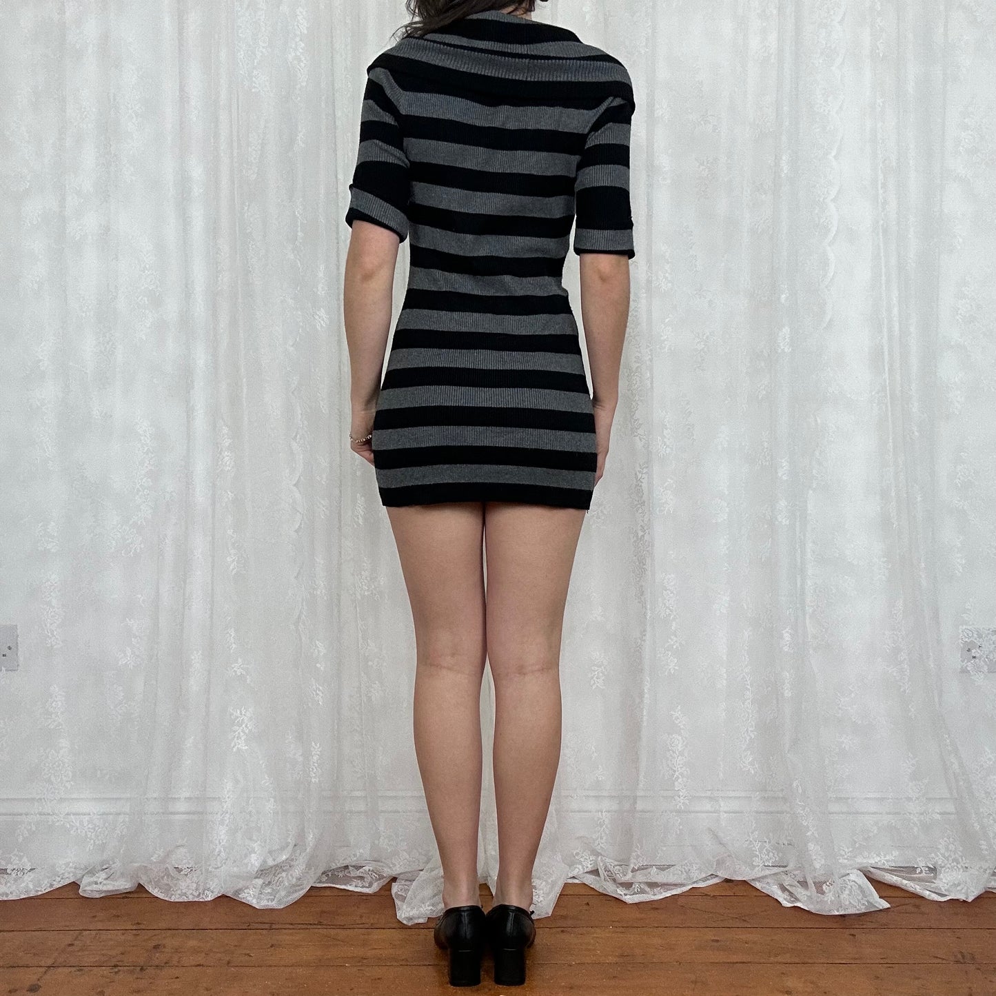 vintage 00s black and grey knitted striped mini dress