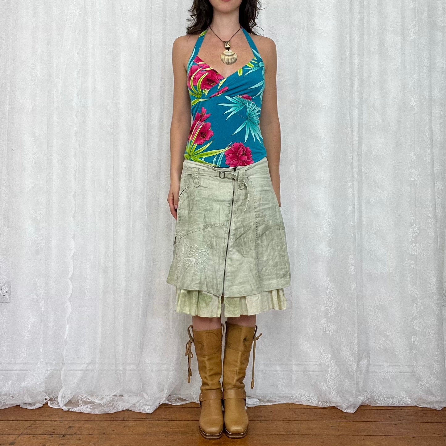 vintage 00s blue floral halterneck cami