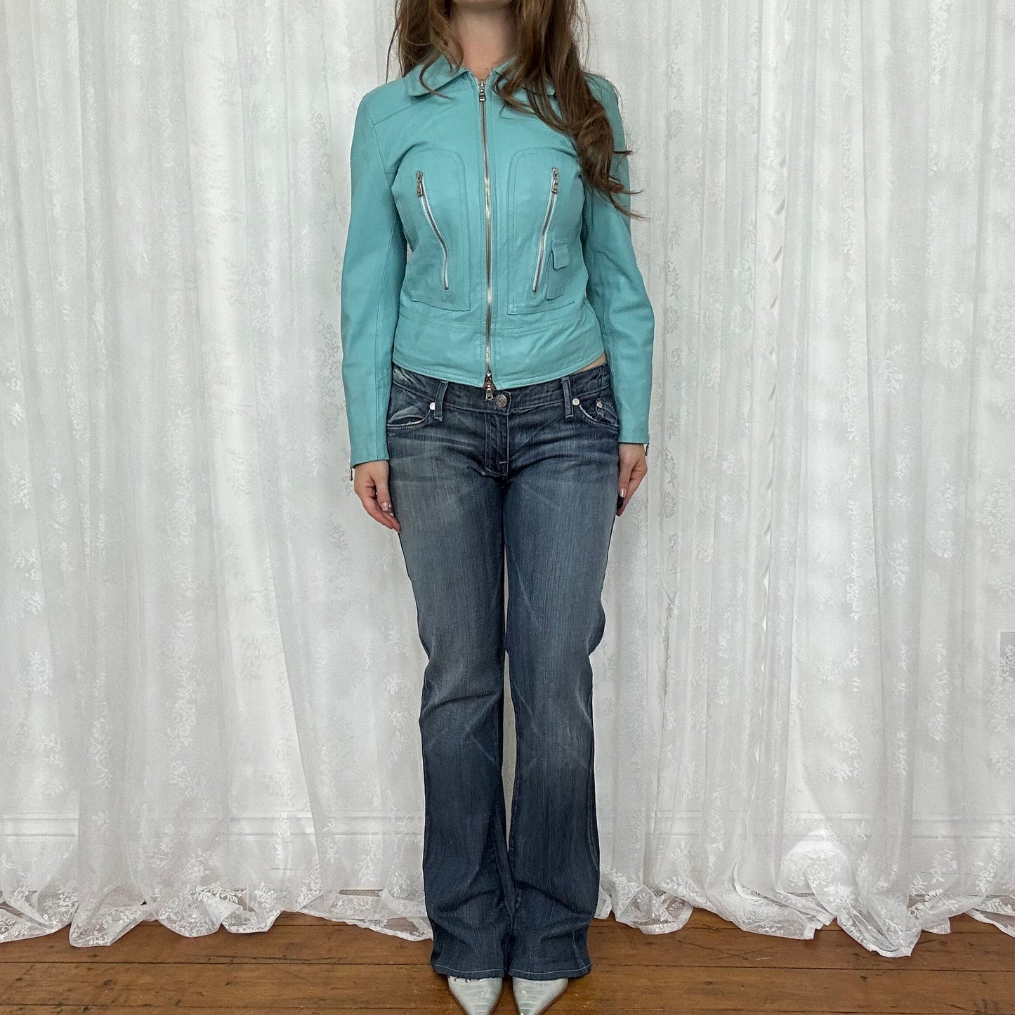 vintage 00s blue dual zip leather jacket