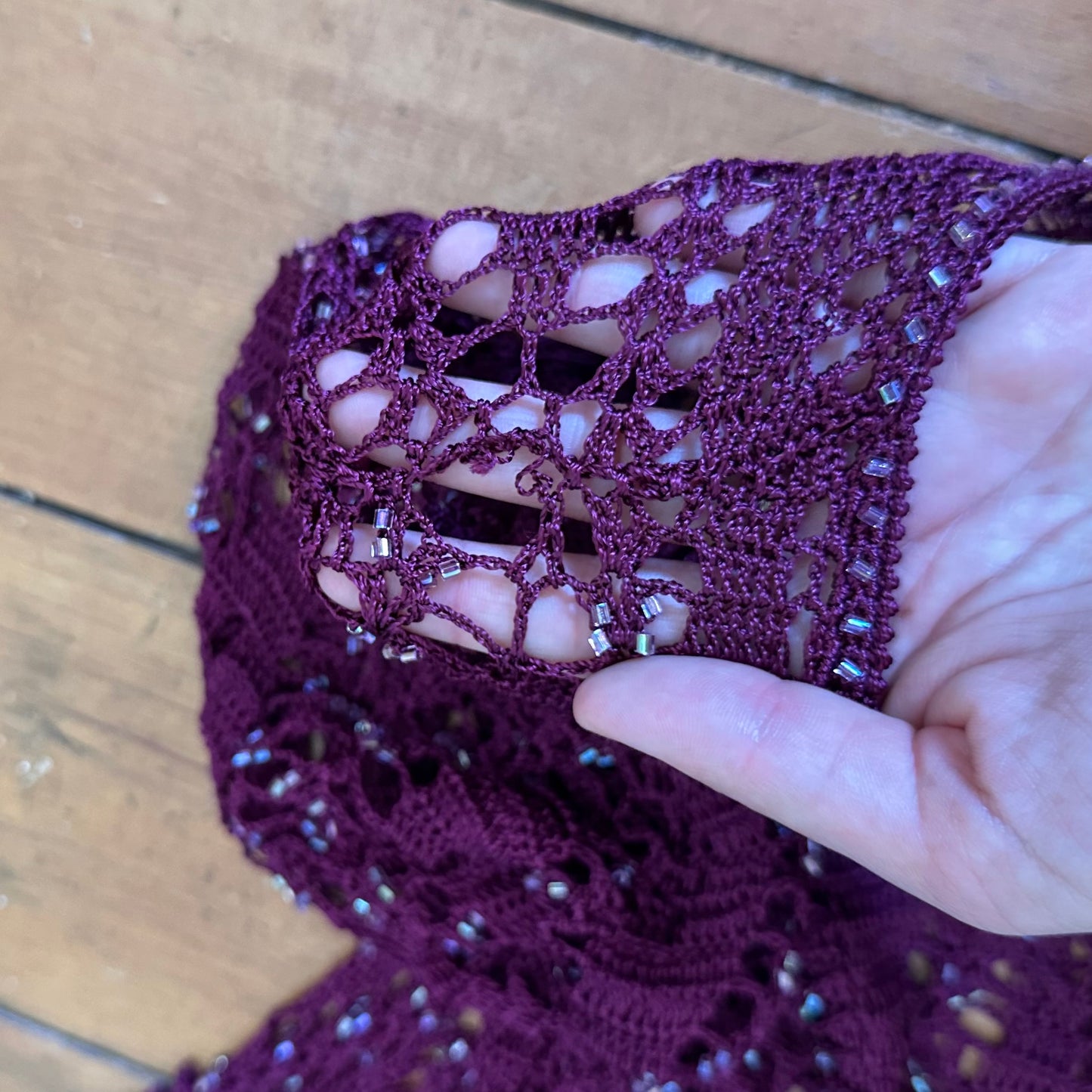 vintage 00s burgundy beaded crochet long sleeve top