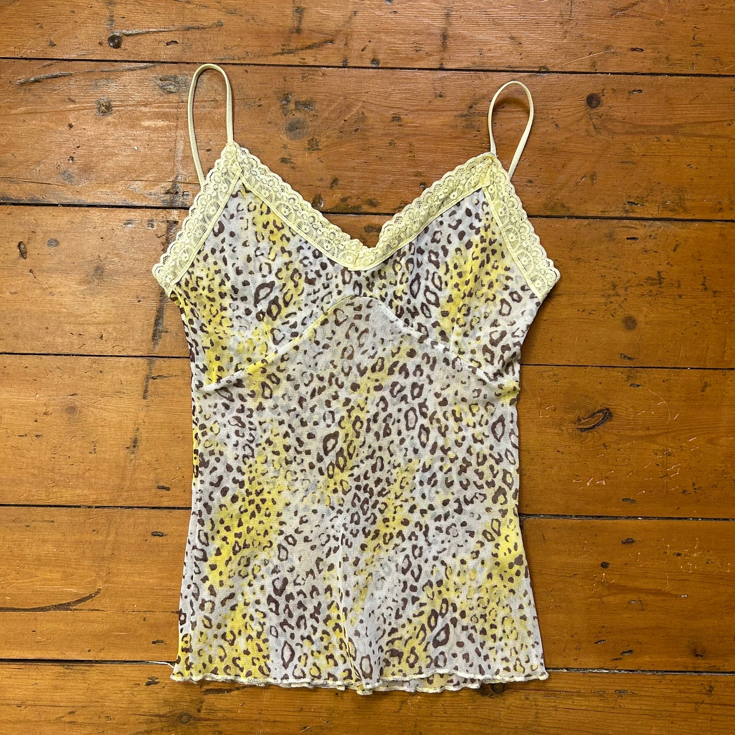 vintage 00s yellow leopard print mesh cami top