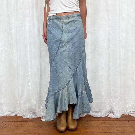 vintage 00s light wash denim pleated maxi skirt