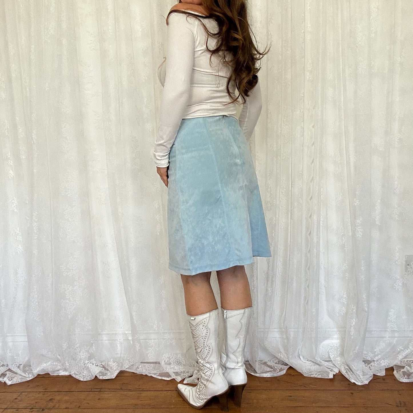 vintage 00s baby blue suede midi skirt