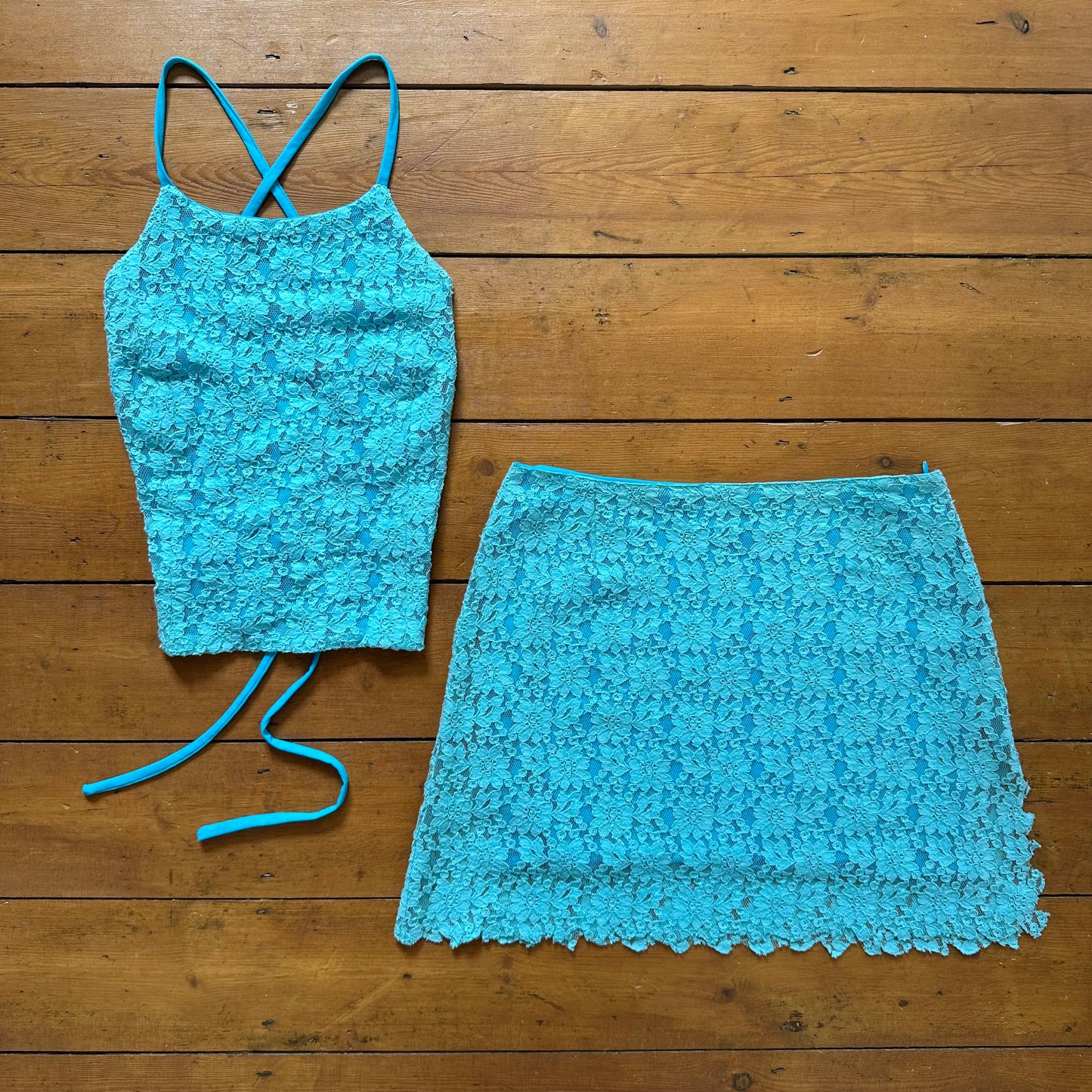 vintage 00s blue lace backless top and mini skirt co ord
