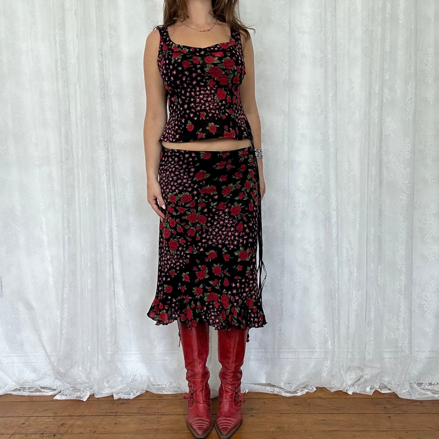 vintage 00s black floral print mesh skirt and top co ord