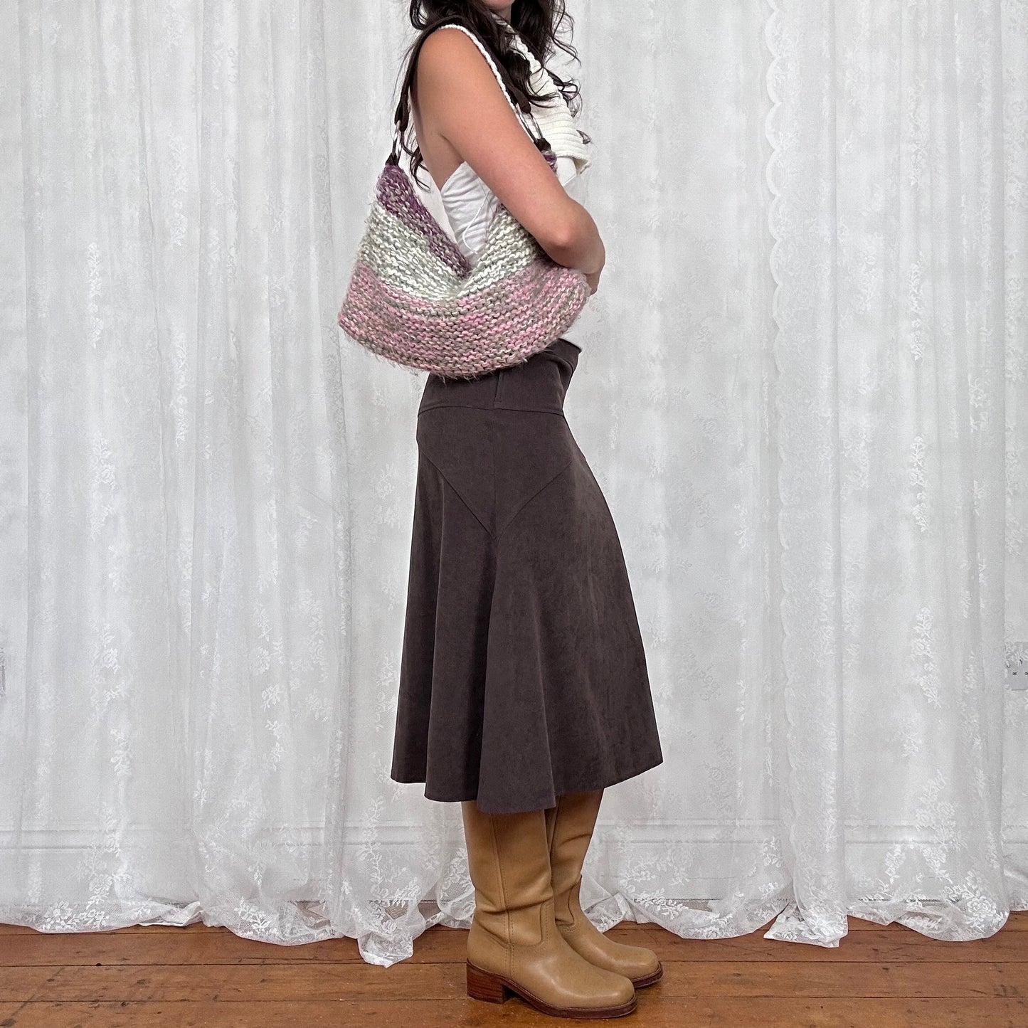 vintage 00s purple and brown knitted handbag