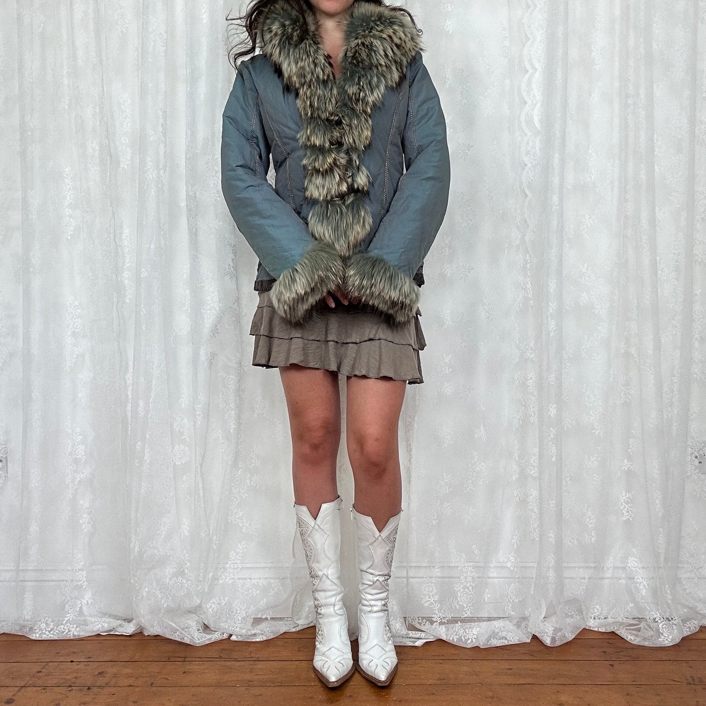 vintage 00s blue padded afghan jacket with faux fur trim and buckles