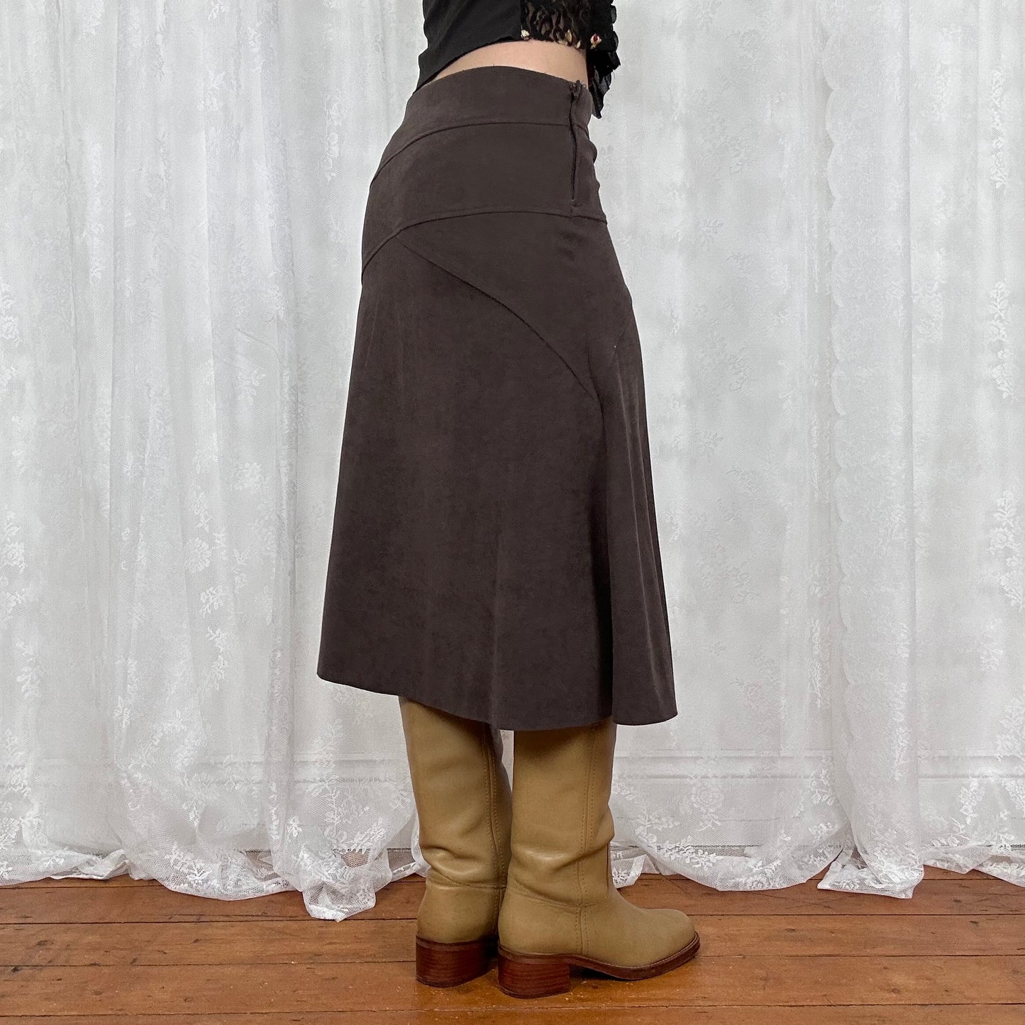 vintage 00s brown suedette midi skirt