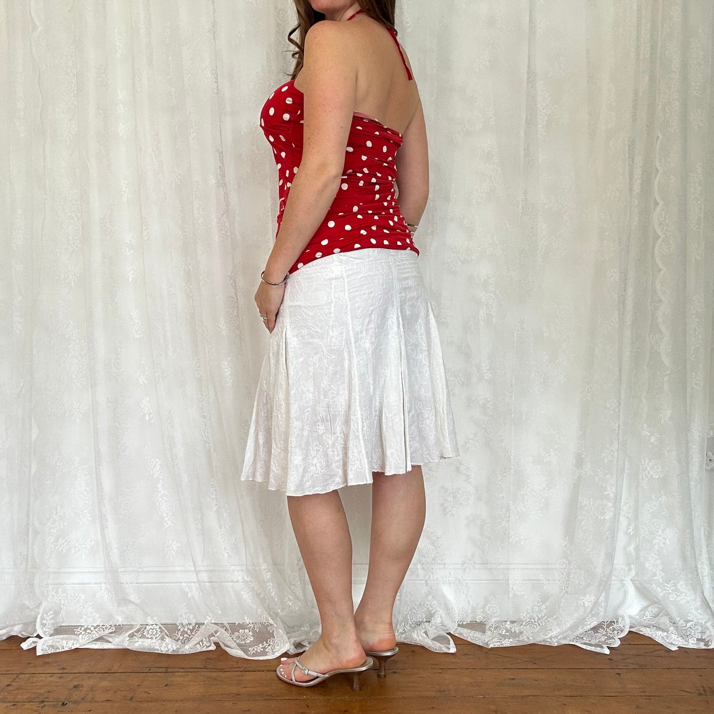 vintage 00s red polka dot halterneck top with beaded o ring details