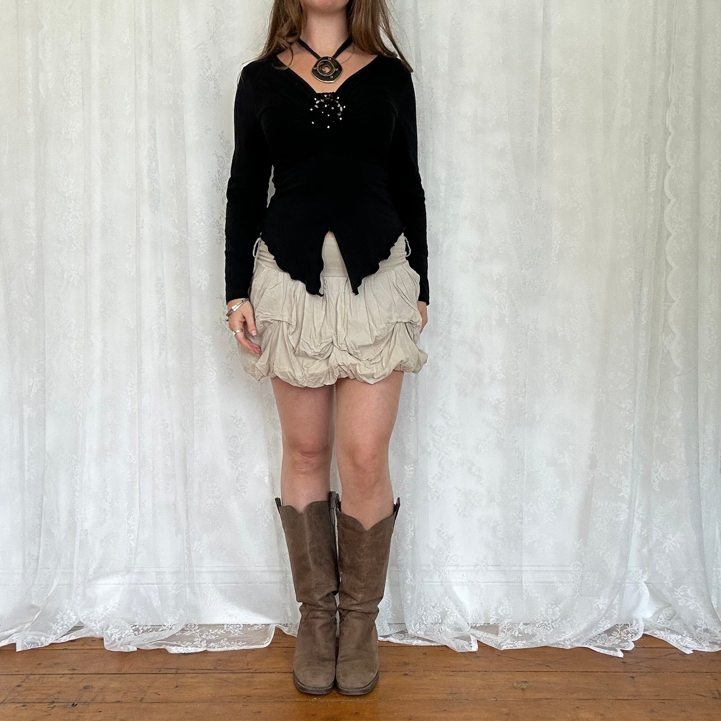 vintage 00s black long sleeve top with crochet flower detail