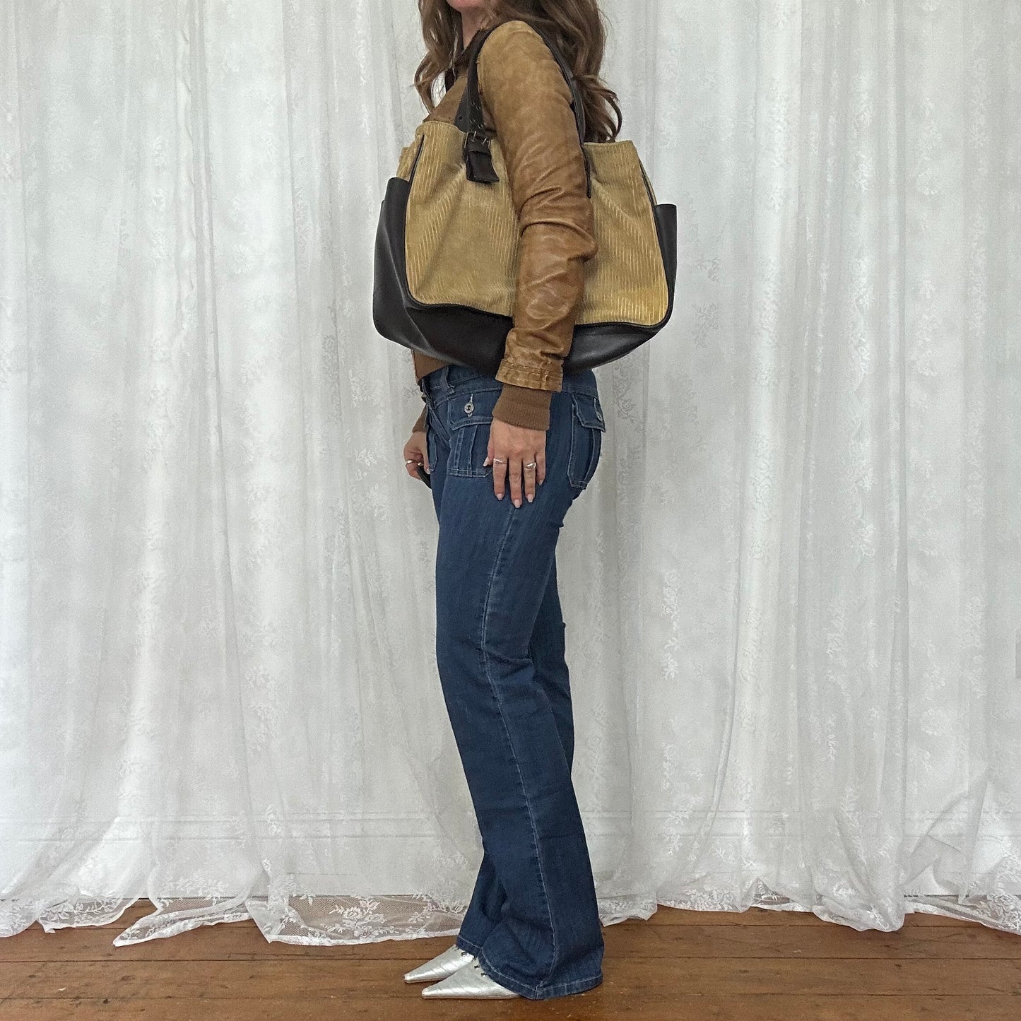 vintage 00s brown and beige cord shoulder bag