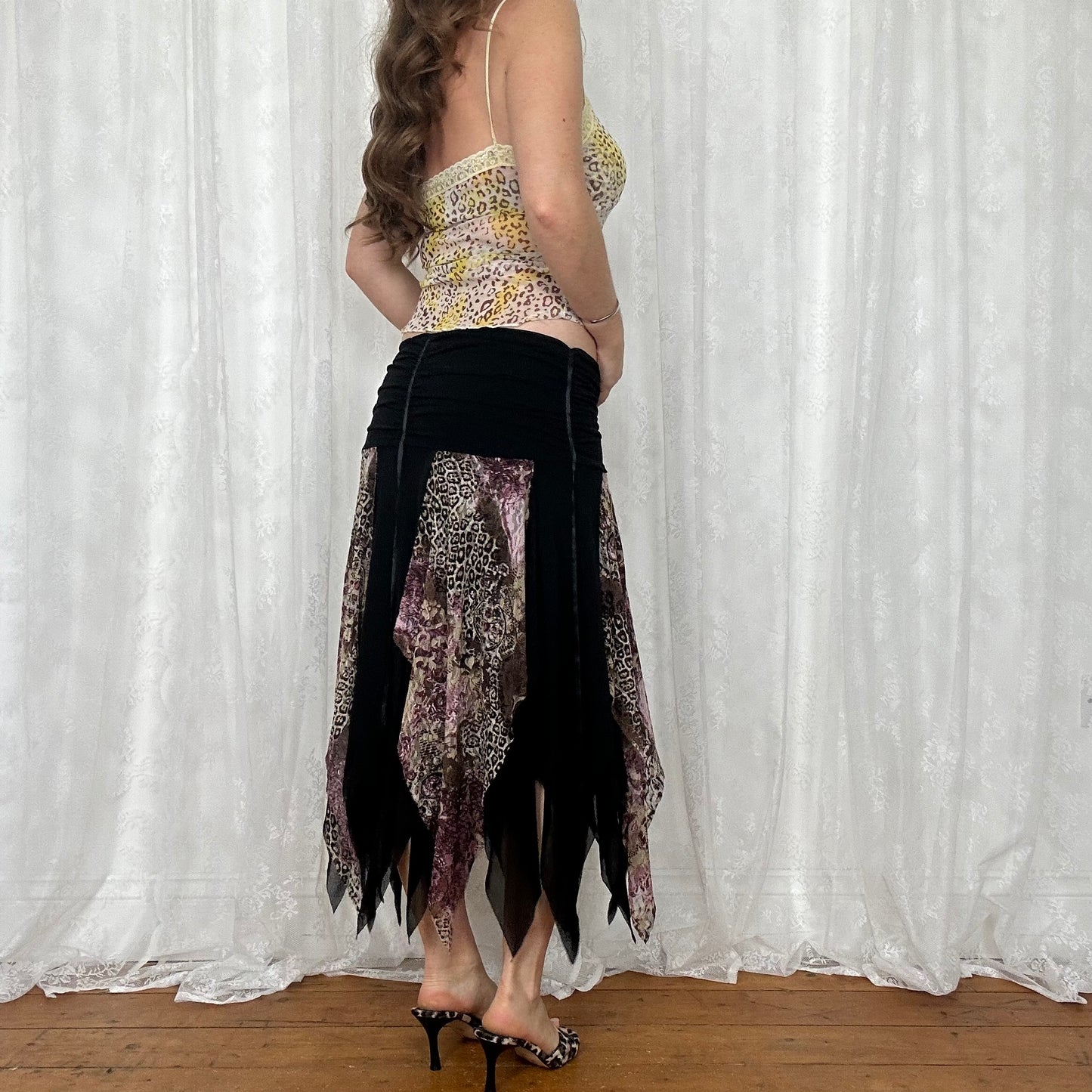 vintage 00s black animal print mesh fairy midi skirt