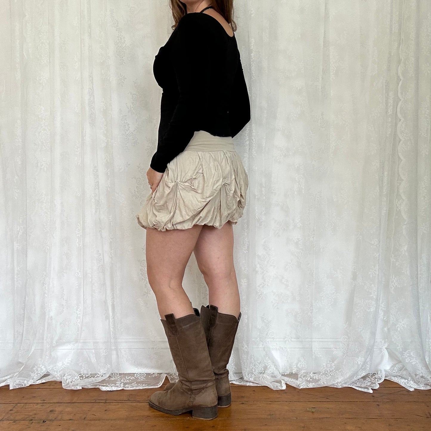 vintage 00s beige draped puff mini skirt