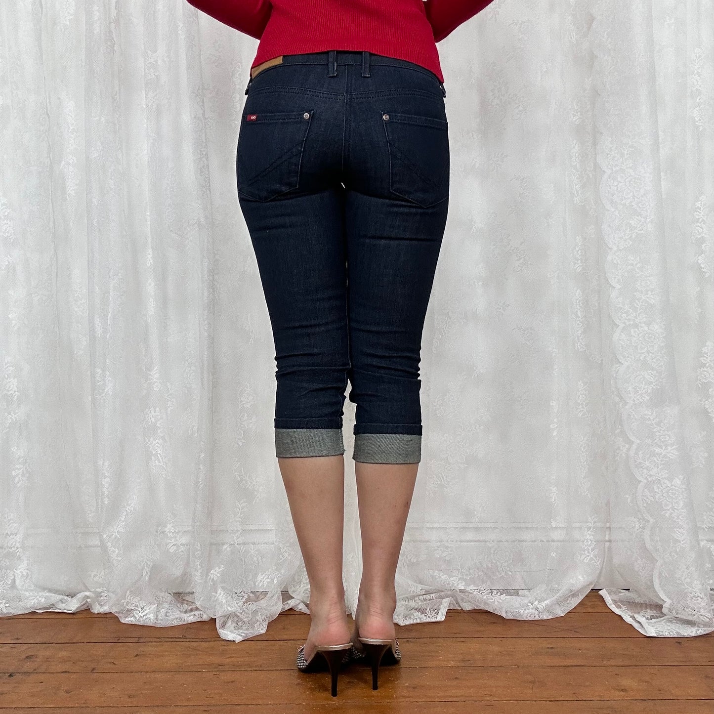 vintage 00s dark denim capris with gingham trim
